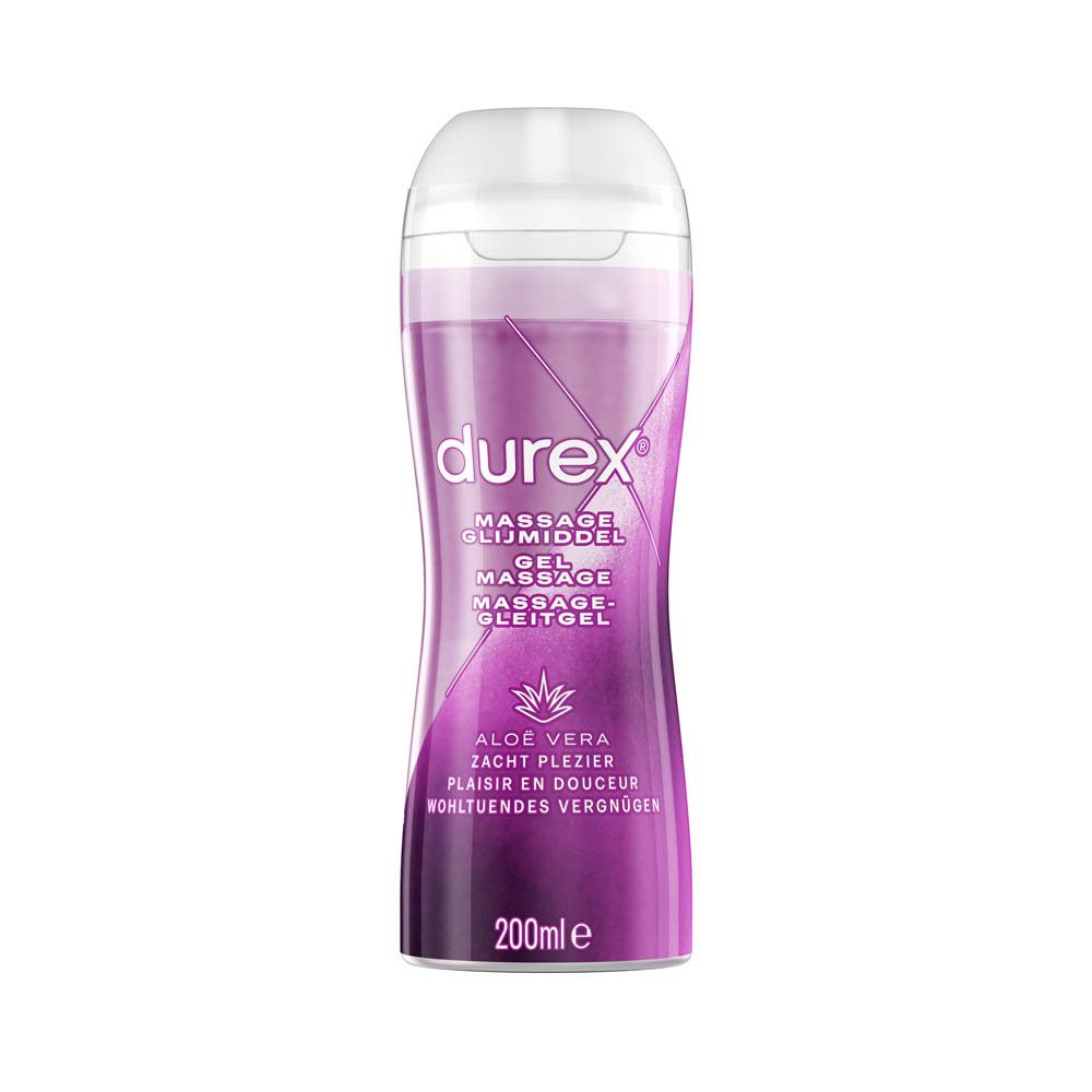 Flacon de gel de massage Durex. Inscription: Massage, Aloe Vera. Dégradé de blanc à violet. Bouchon transparent.