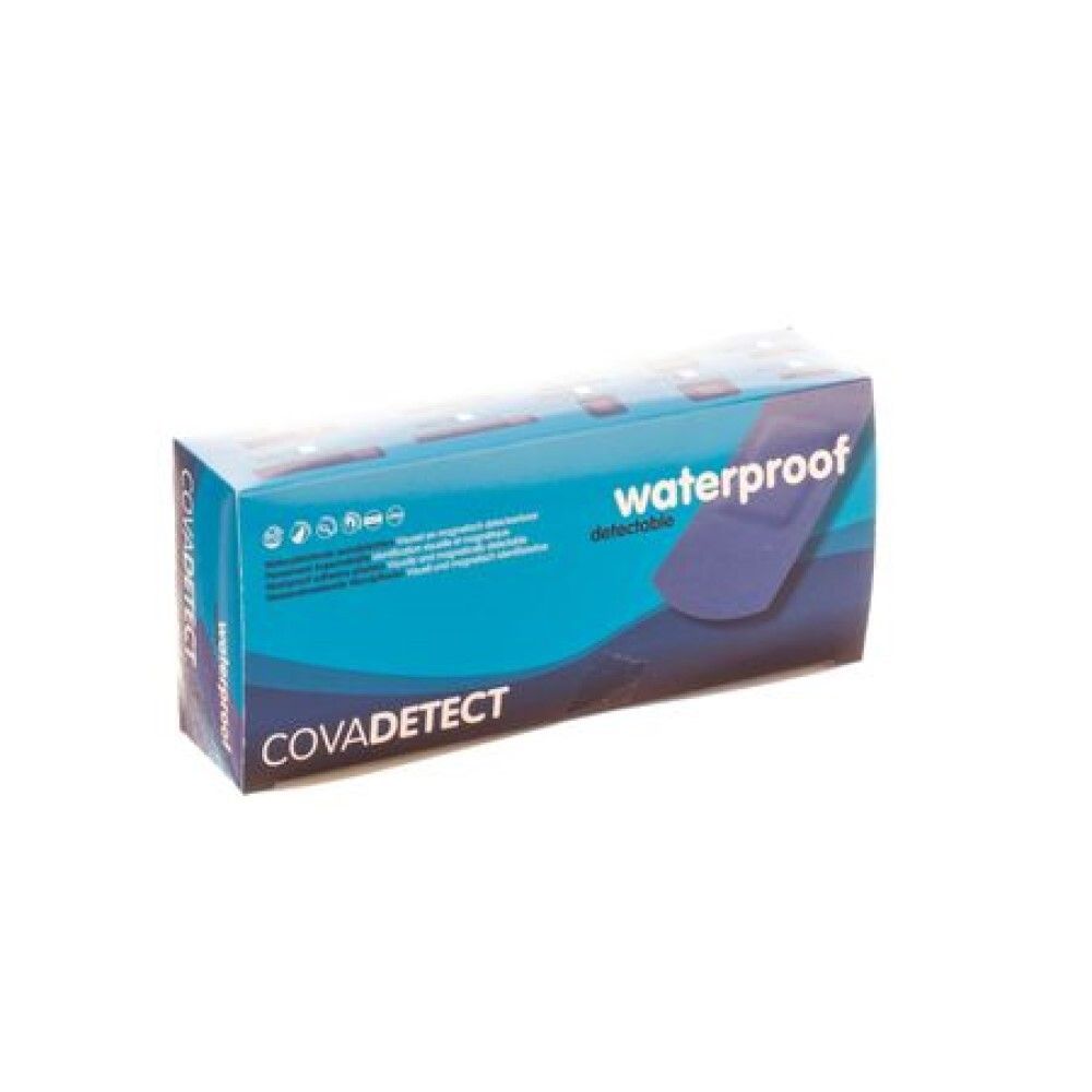 Paquet de pansements CovaDetect. Imperméable, bleu, détectable. Nom du produit et caractéristiques sur l'emballage.