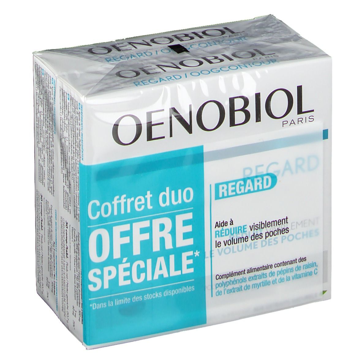 Oenobiol Regard Duopack. Boîte avec informations produit. Inscription "Coffret duo Offre Spéciale" et "Regard".