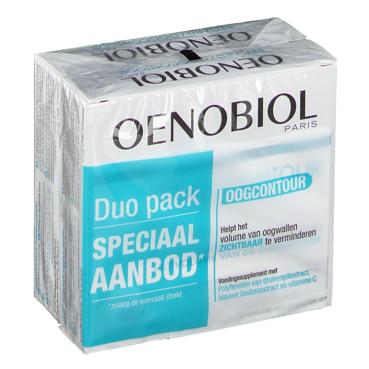Oenobiol Oogcontour Duopack. Boîte avec informations produit. Inscription "Duo pack Speciaal Aanbod" et "Oogcontour".