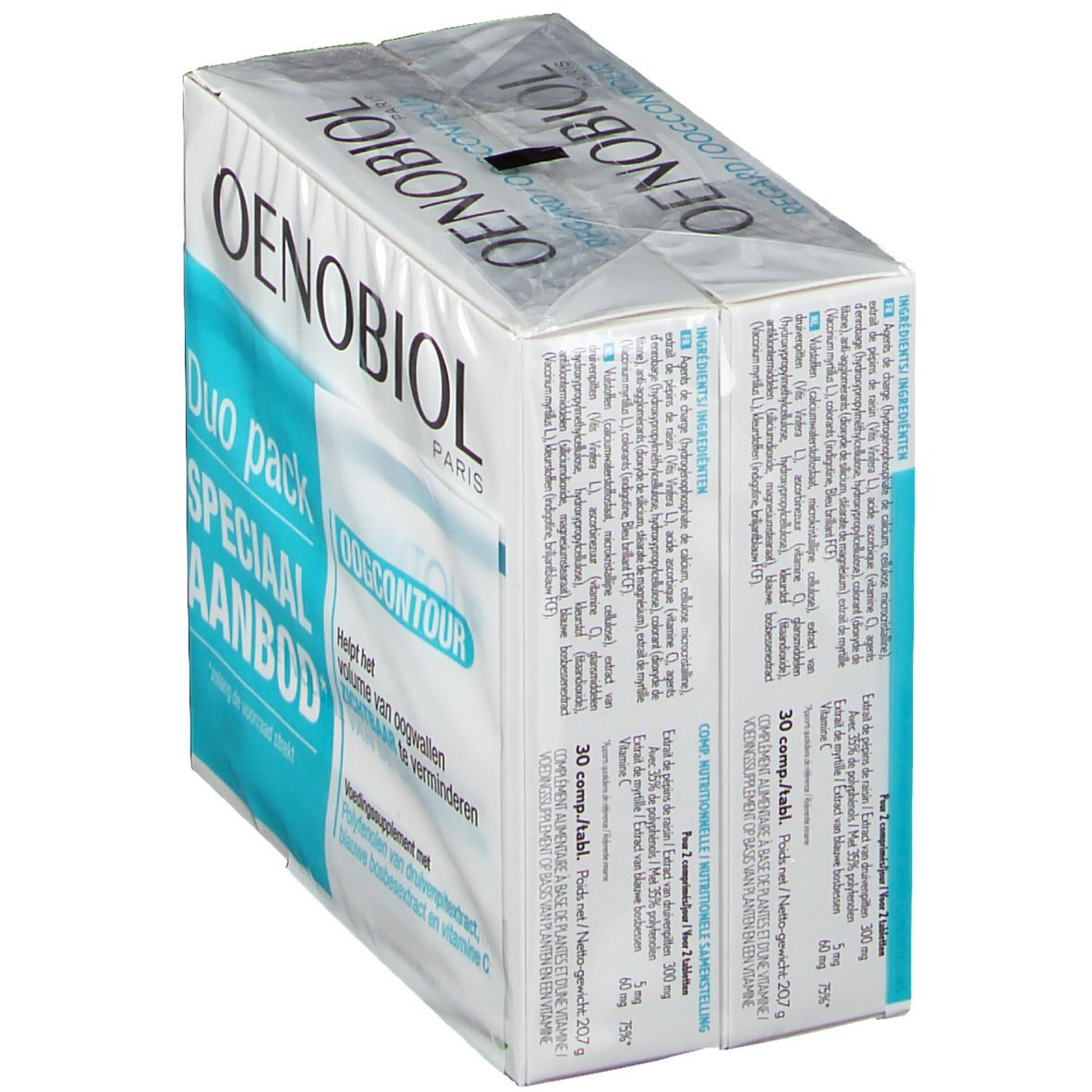 Oenobiol Oogcontour Duopack. Vue oblique de l'emballage. Informations produit et inscription "Oogcontour" visibles.