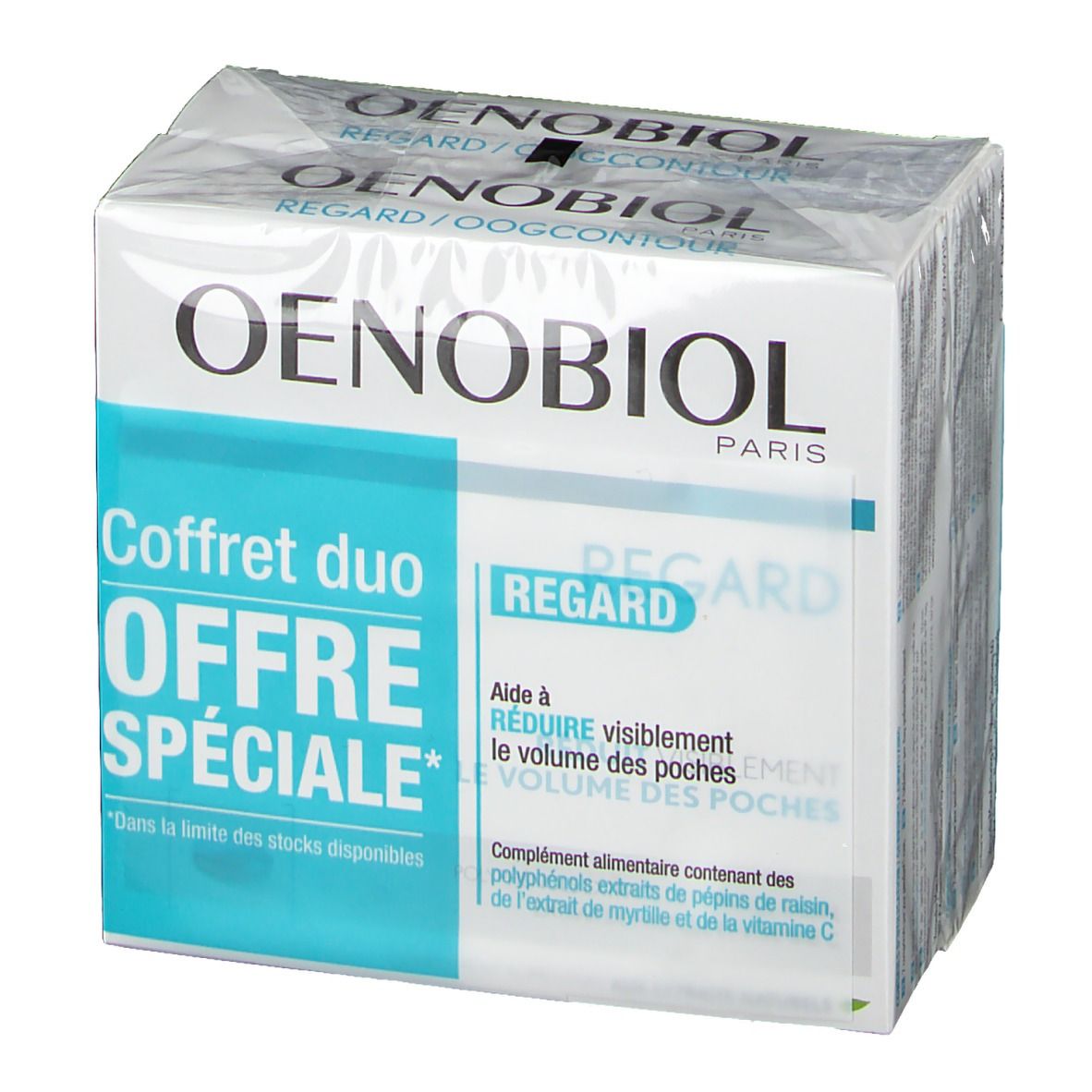Oenobiol Regard Duopack. Boîte avec informations produit. Inscription "Coffret duo Offre Spéciale" et "Regard".