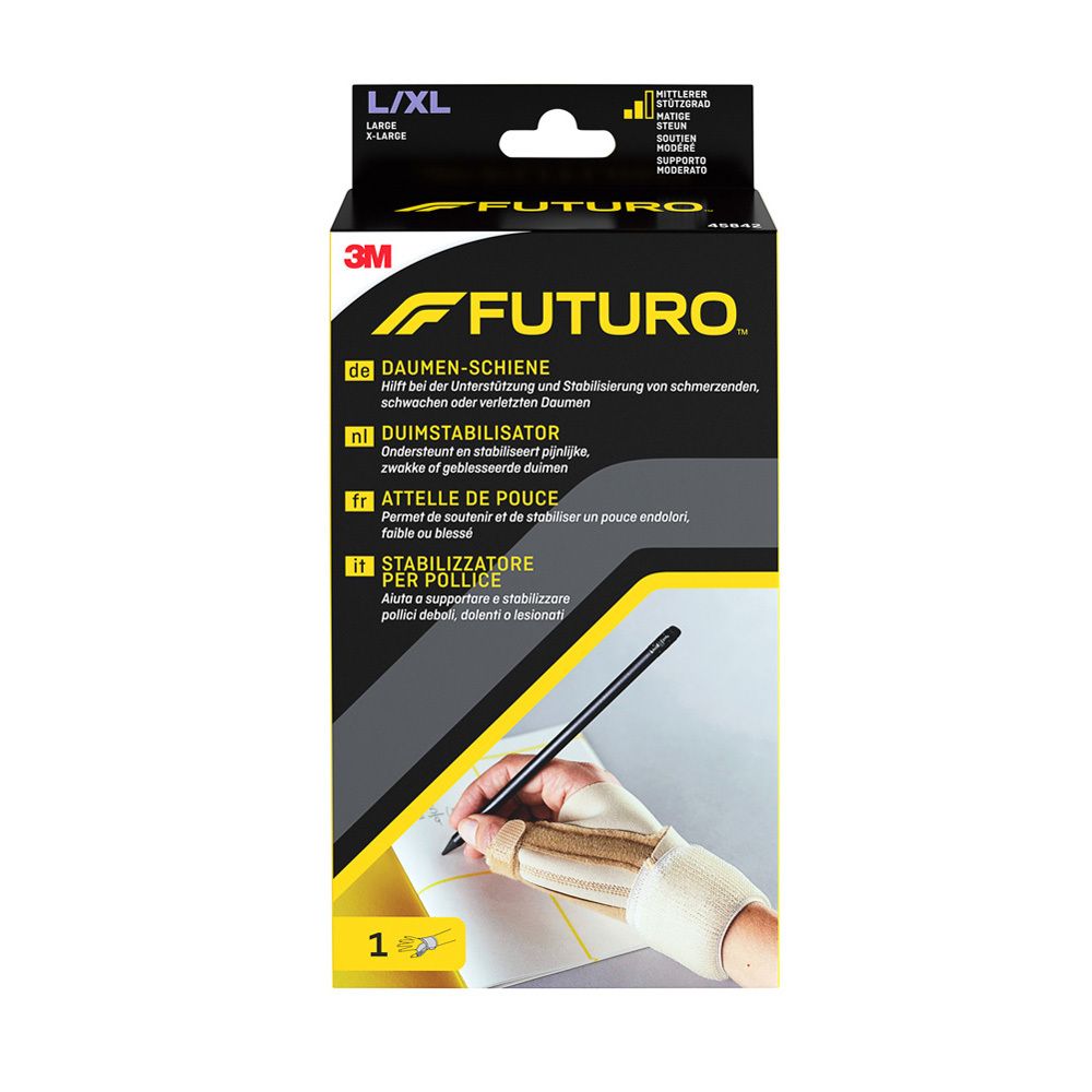 Attelle de pouce Futuro™ L/XL. Boîte avec attelle, main écrivant. Jaune, noir, blanc.