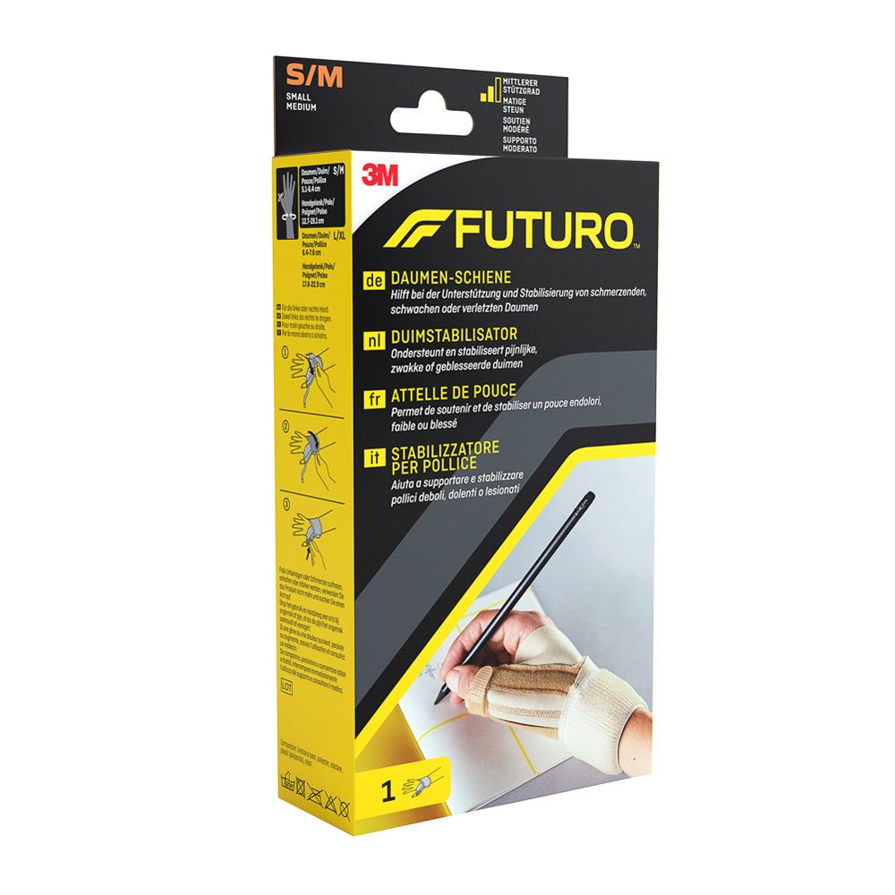 3M™ Futuro™ Attelle de pouce S/M. Boîte avec image du produit et texte en allemand, néerlandais, français et italien.