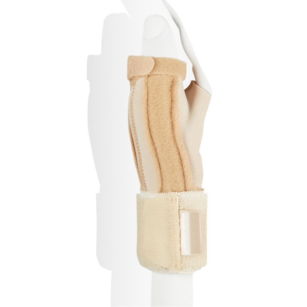 3M™ Futuro™ Attelle de pouce S/M. Boîte avec image du produit et texte en allemand, néerlandais, français et italien.