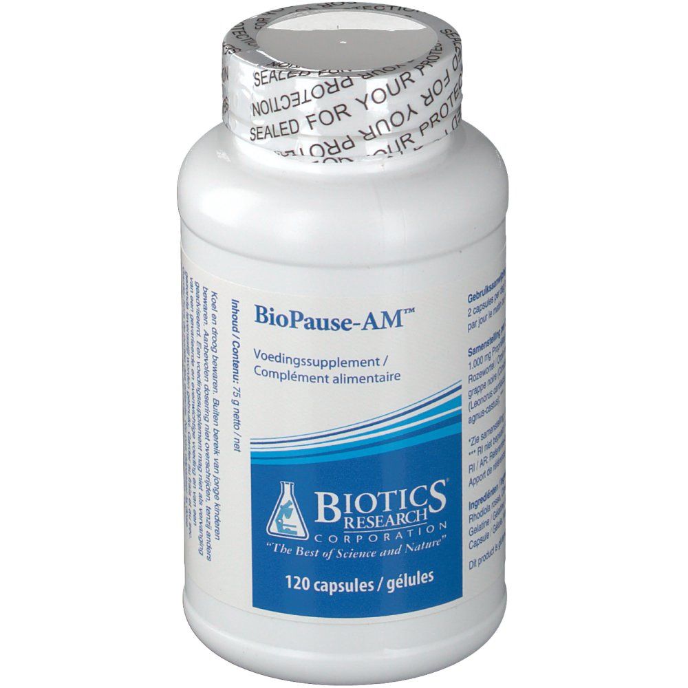 Flacon blanc de gélules. Inscription: BioPause-AM, Biotics Research Corporation, 120 gélules. Sceau: Sealed for your protection.