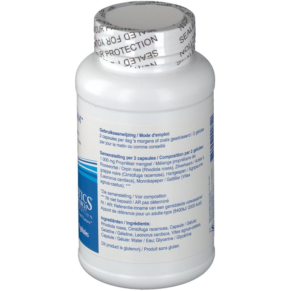 Dos du flacon blanc de gélules. Texte: Mode d'emploi, ingrédients, Biotics Research Corporation. Sceau: Sealed for your protection.
