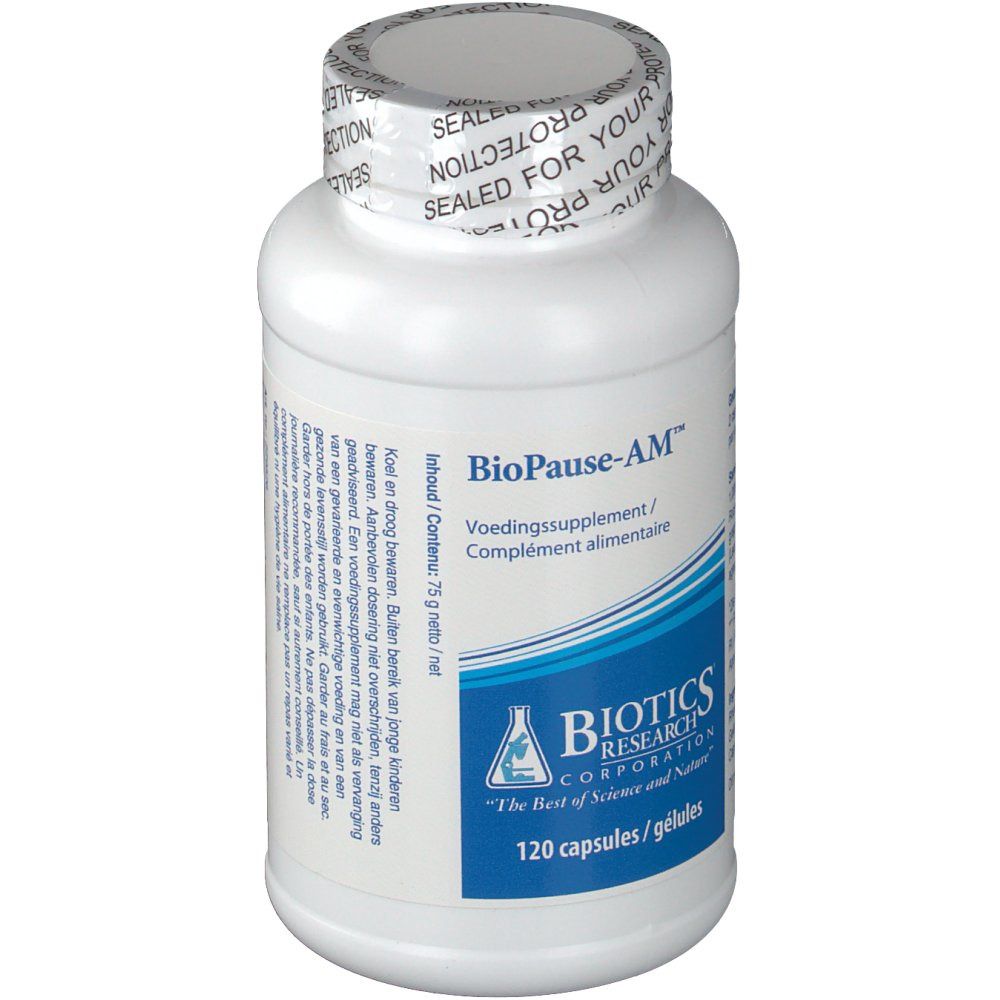 Flacon blanc de gélules. Inscription: BioPause-AM, Biotics Research Corporation, 120 gélules. Sceau: Sealed for your protection.