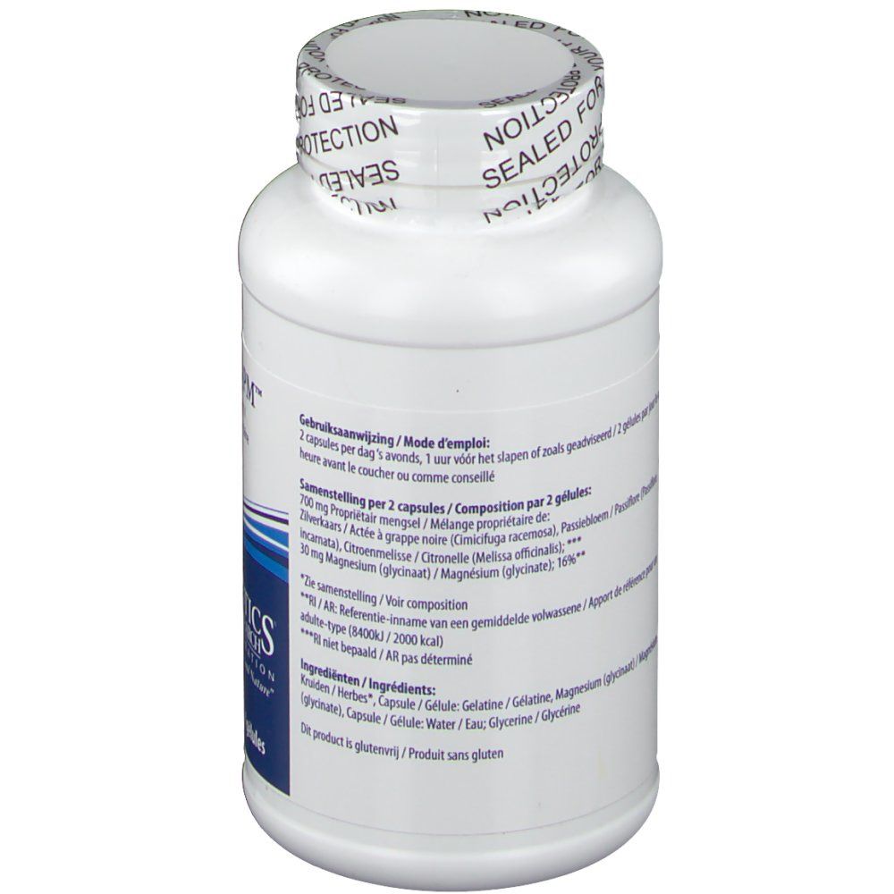 Dos du flacon blanc. Texte avec ingrédients et mode d'emploi. Logo "Biotics Research".