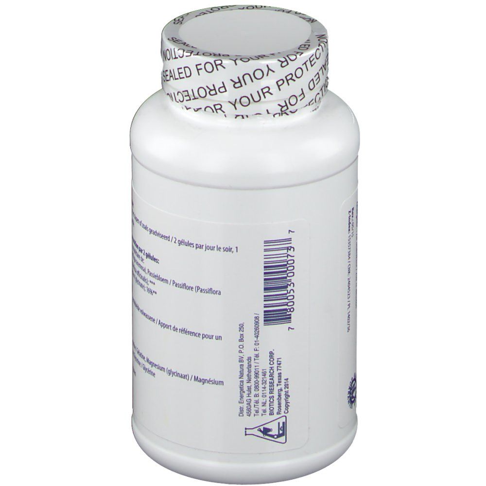 Flacon blanc, vue latérale. Texte avec ingrédients et informations fabricant. Code-barres.