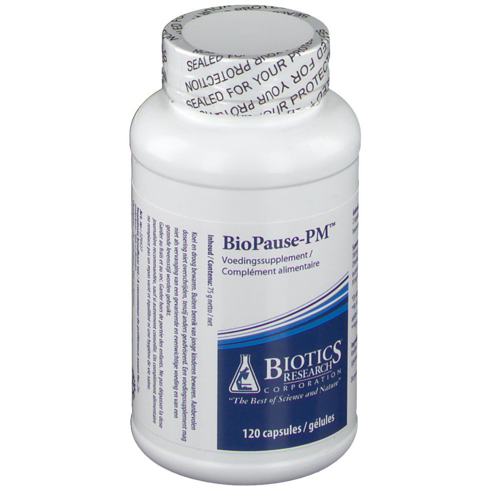 Flacon blanc "BioPause-PM" et "Biotics Research". 120 gélules. Sceau sur le couvercle.