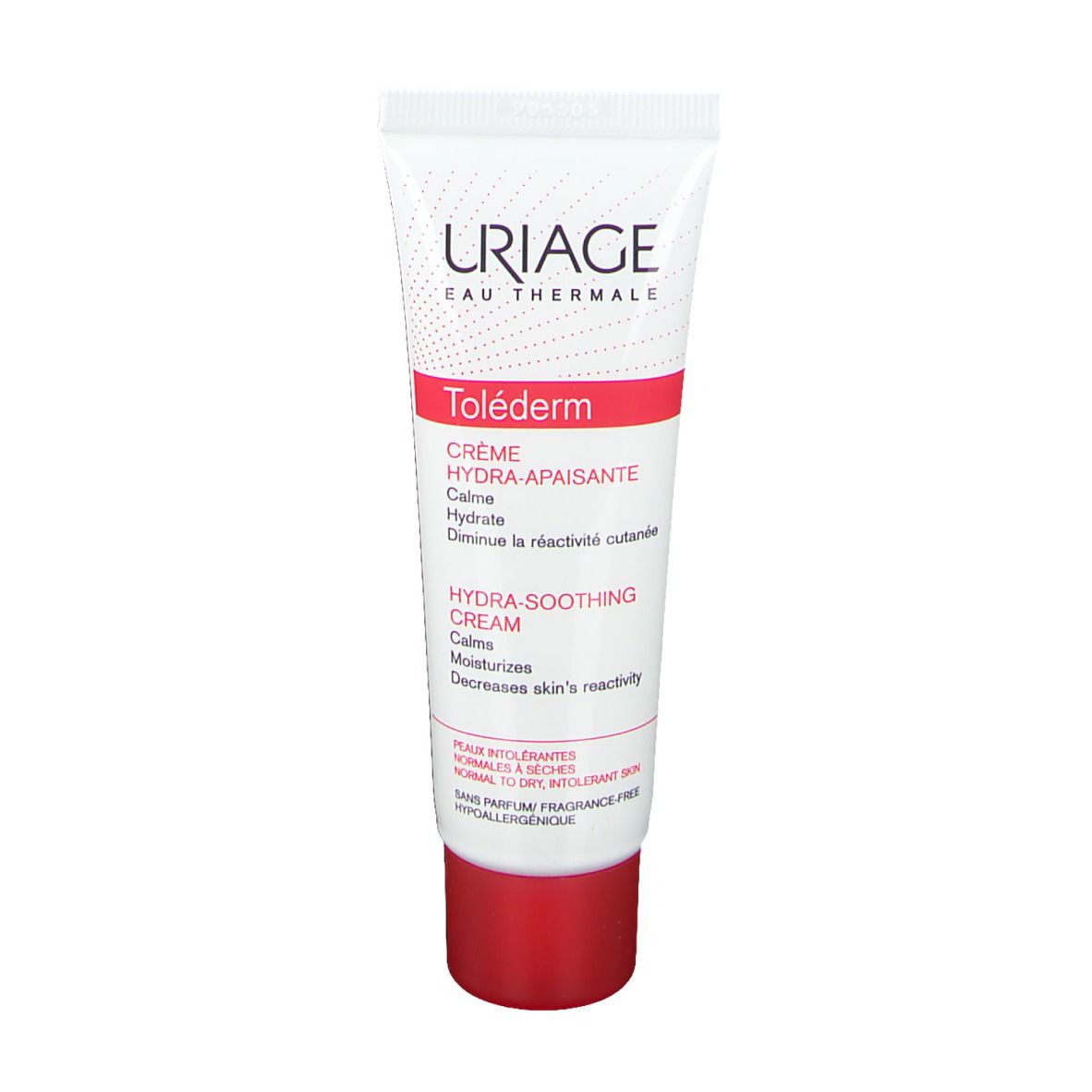 Tube de crème avec bouchon rouge. Inscriptions: Uriage, Toléderm, Crème Hydra-Apaisante. Texte en français et anglais.