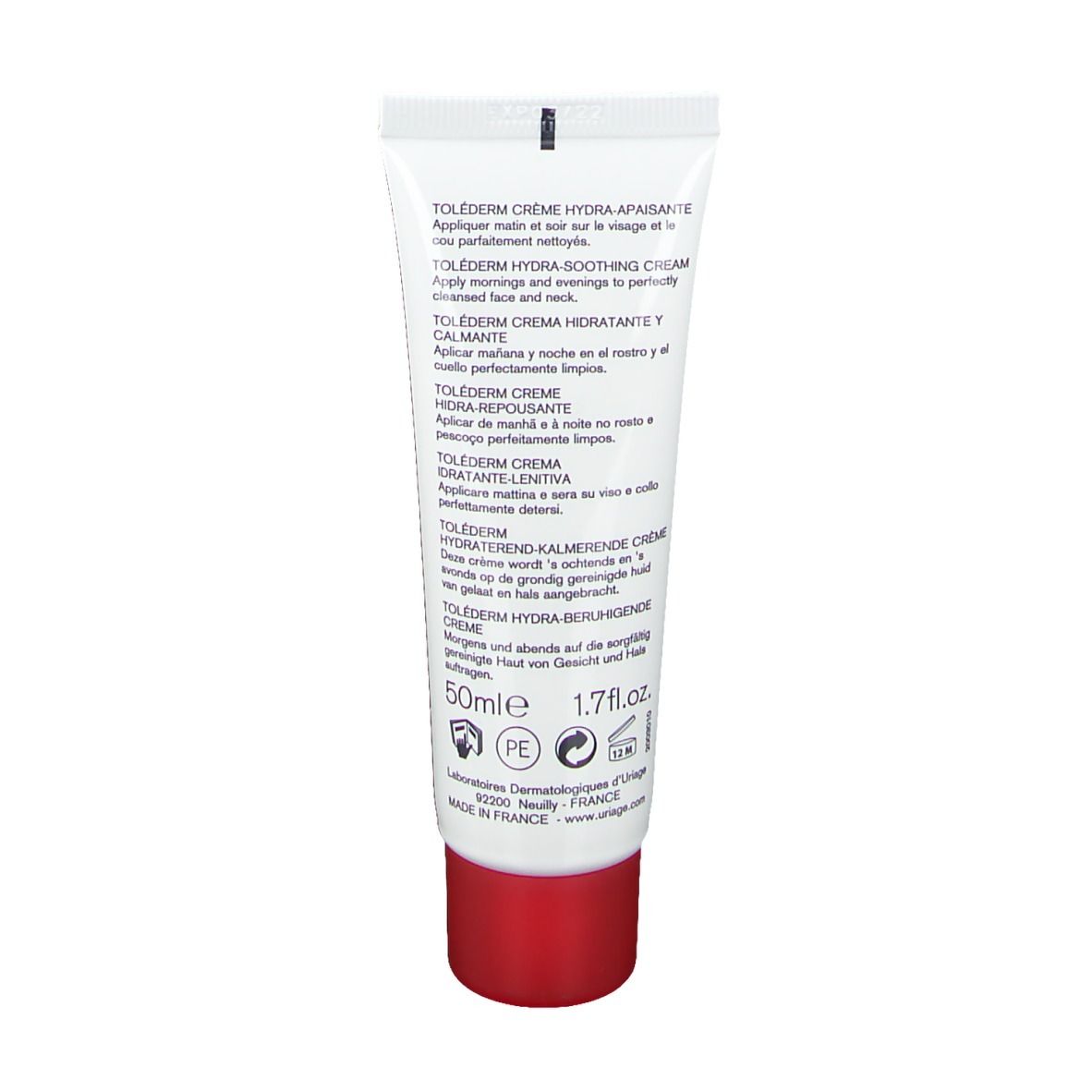 Dos du tube de crème. Texte en plusieurs langues, dont français, anglais, italien et néerlandais. 50ml.