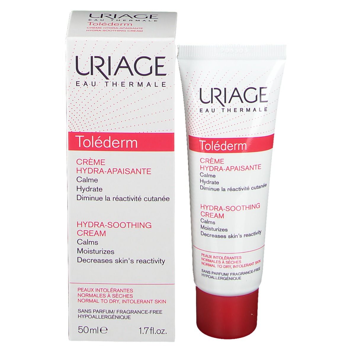 Emballage du produit avec tube de crème. Inscriptions: Uriage, Toléderm, Crème Hydra-Apaisante. Tube avec bouchon rouge.