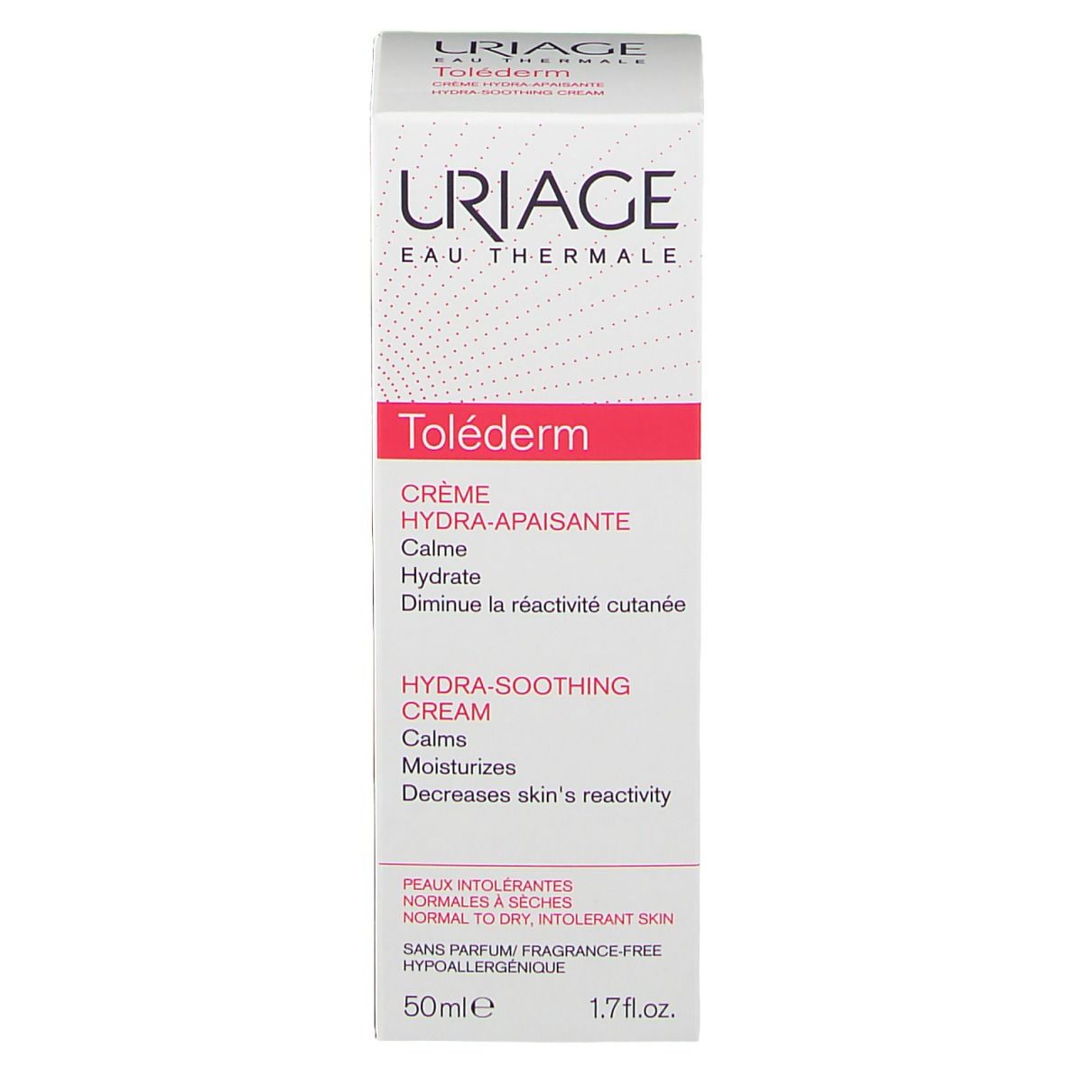 Emballage du produit. Inscriptions: Uriage, Toléderm, Crème Hydra-Apaisante. Texte en français et anglais. 50ml.