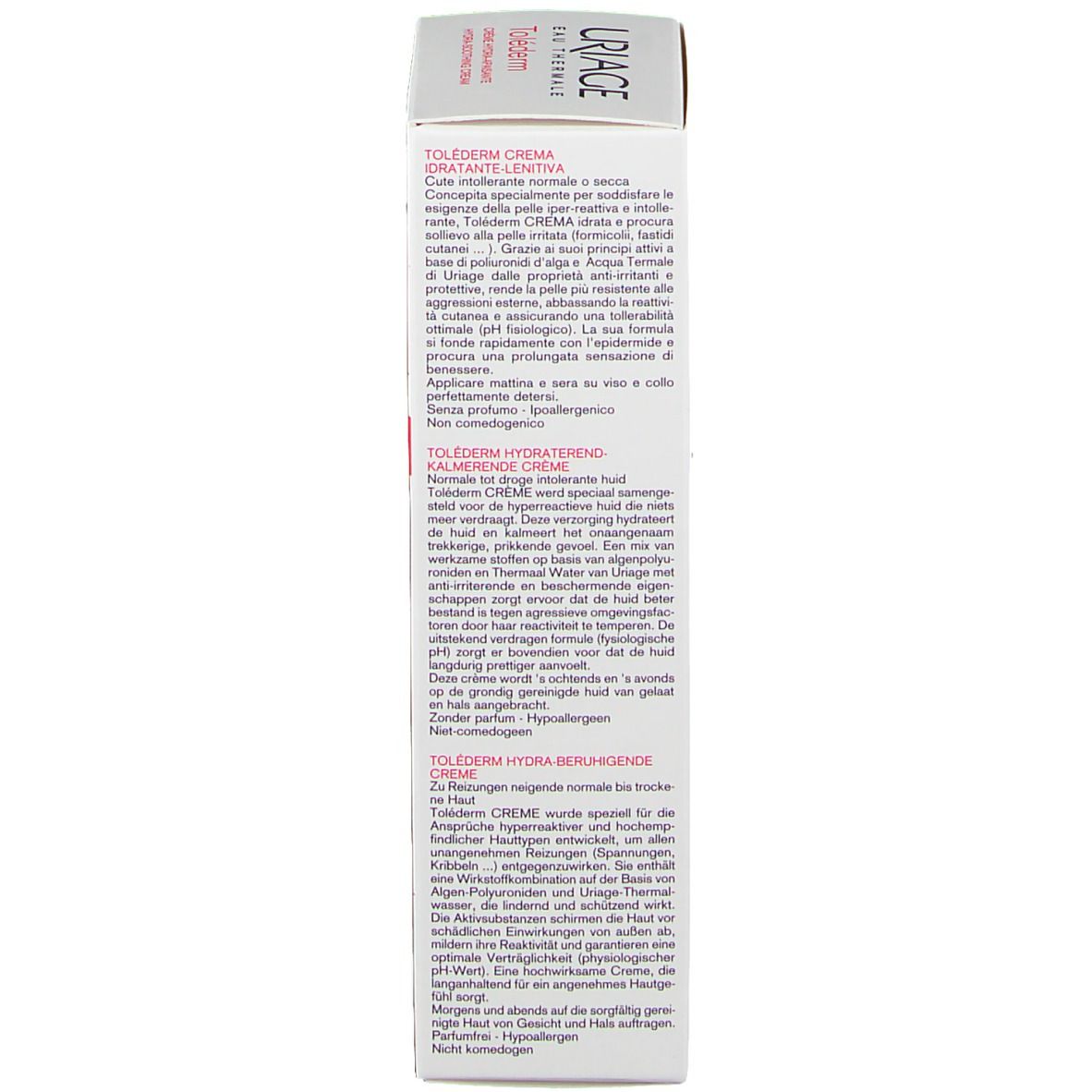 Emballage du produit, vue détaillée. Texte en plusieurs langues, dont français, anglais, italien et néerlandais.