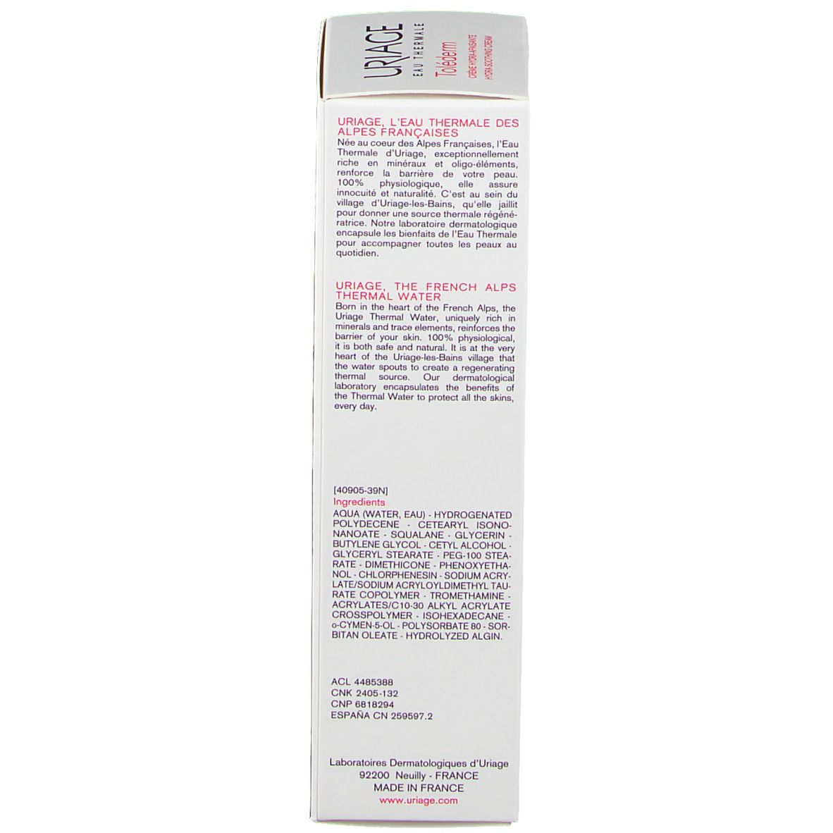 Emballage du produit, vue détaillée. Texte sur l'eau thermale Uriage et les ingrédients. Fabriqué en France.