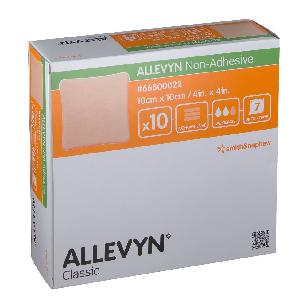 Boîte de pansements Allevyn Non-Adhesive. Pansement carré 10 x 10 cm, paquet de 10. Marque Smith & Nephew.