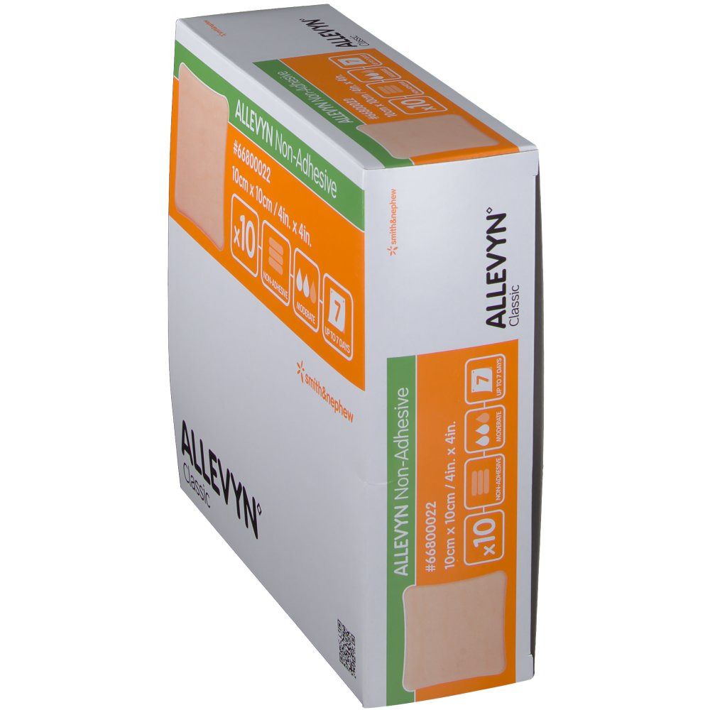 Boîte Allevyn Non-Adhesive en biais. Pansement carré 10 x 10 cm, paquet de 10. Marque Smith & Nephew.