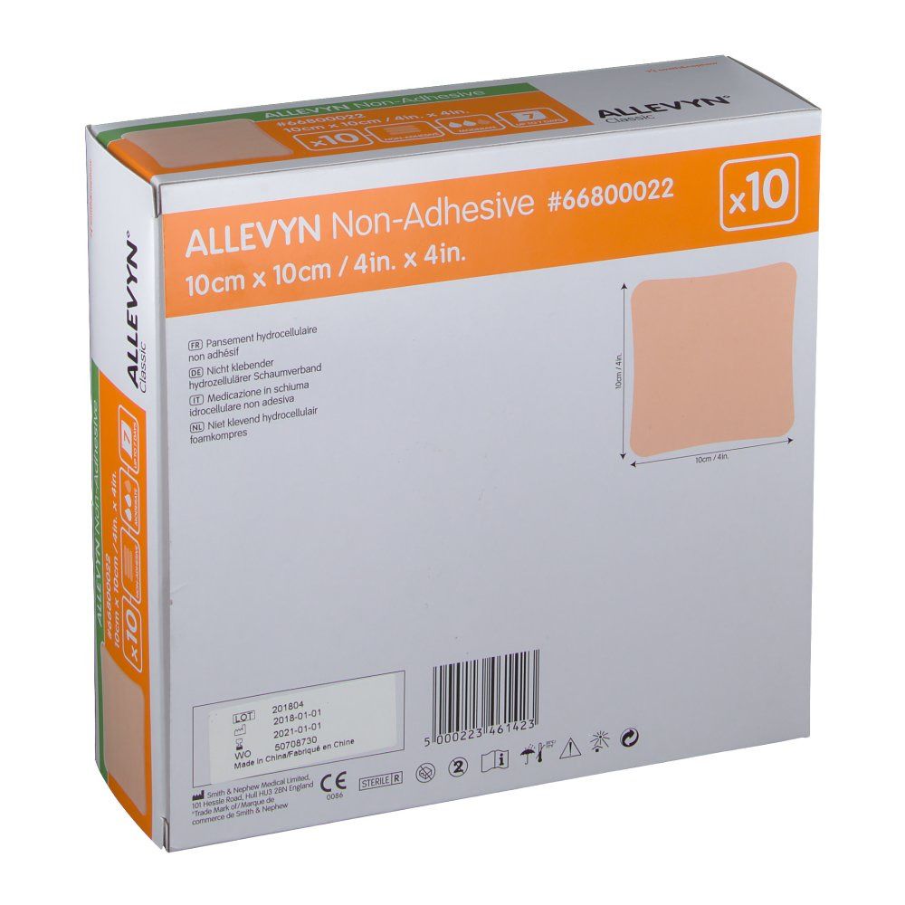 Dos de la boîte Allevyn Non-Adhesive. Informations sur les pansements, 10 x 10 cm, paquet de 10. Marque Smith & Nephew.