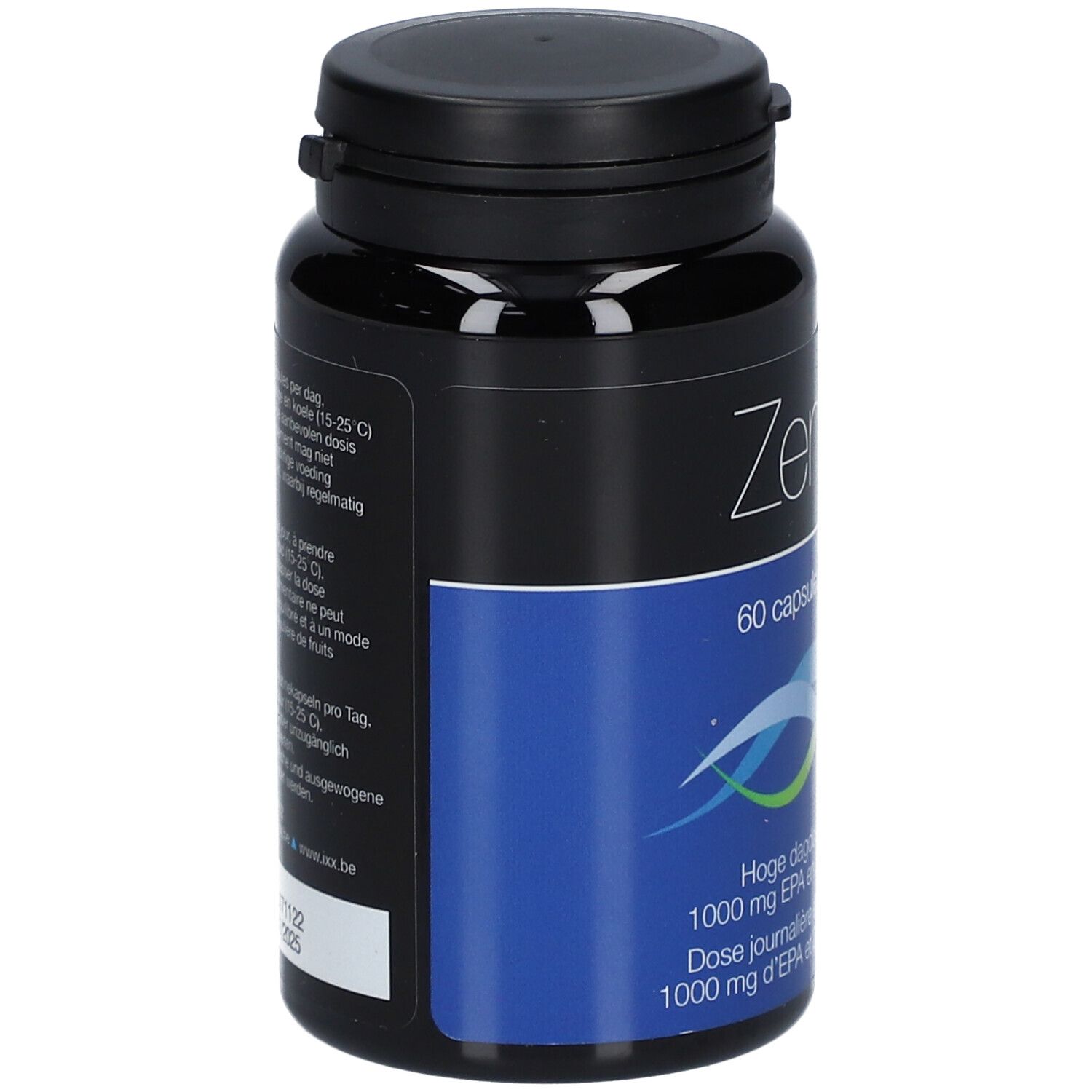 Flacon noir ZenixX 500, 60 capsules. Zone bleue avec texte: Omega-3, EPA et DHA. Bouchon noir.