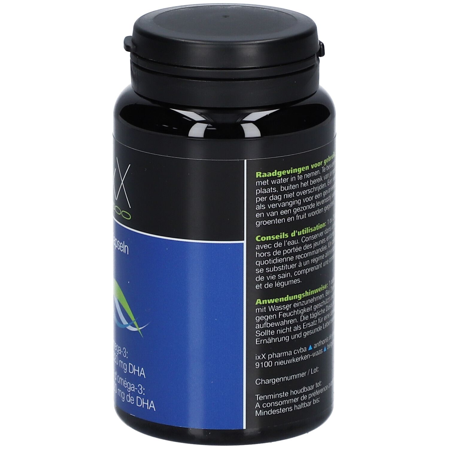 Flacon noir avec capsules. Inscription: ZenixX 500. Texte: Omega-3, EPA et DHA. Zone bleue.