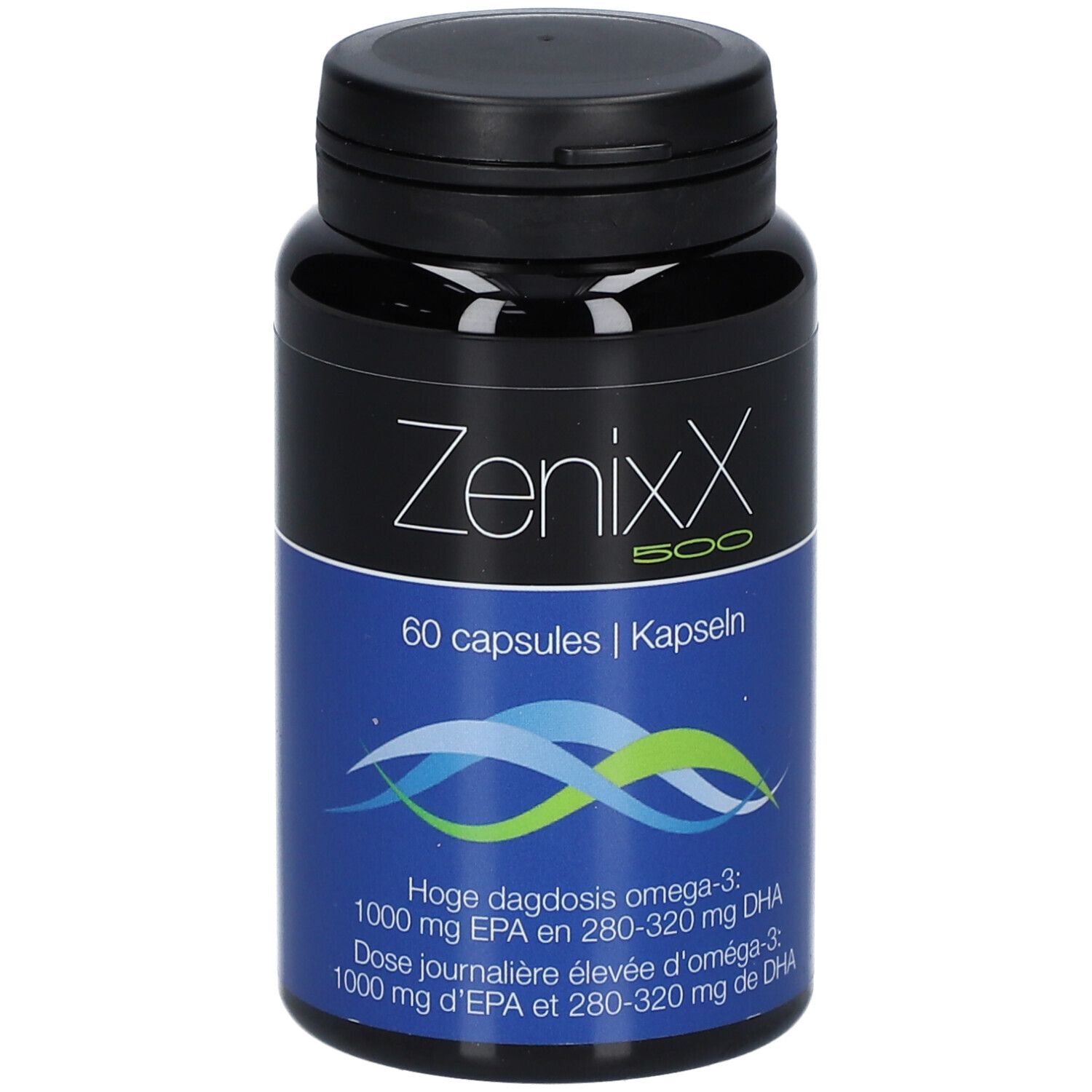 Flacon noir ZenixX 500, 60 capsules. Vagues bleues. Texte: Omega-3, EPA et DHA. Informations nutritionnelles.