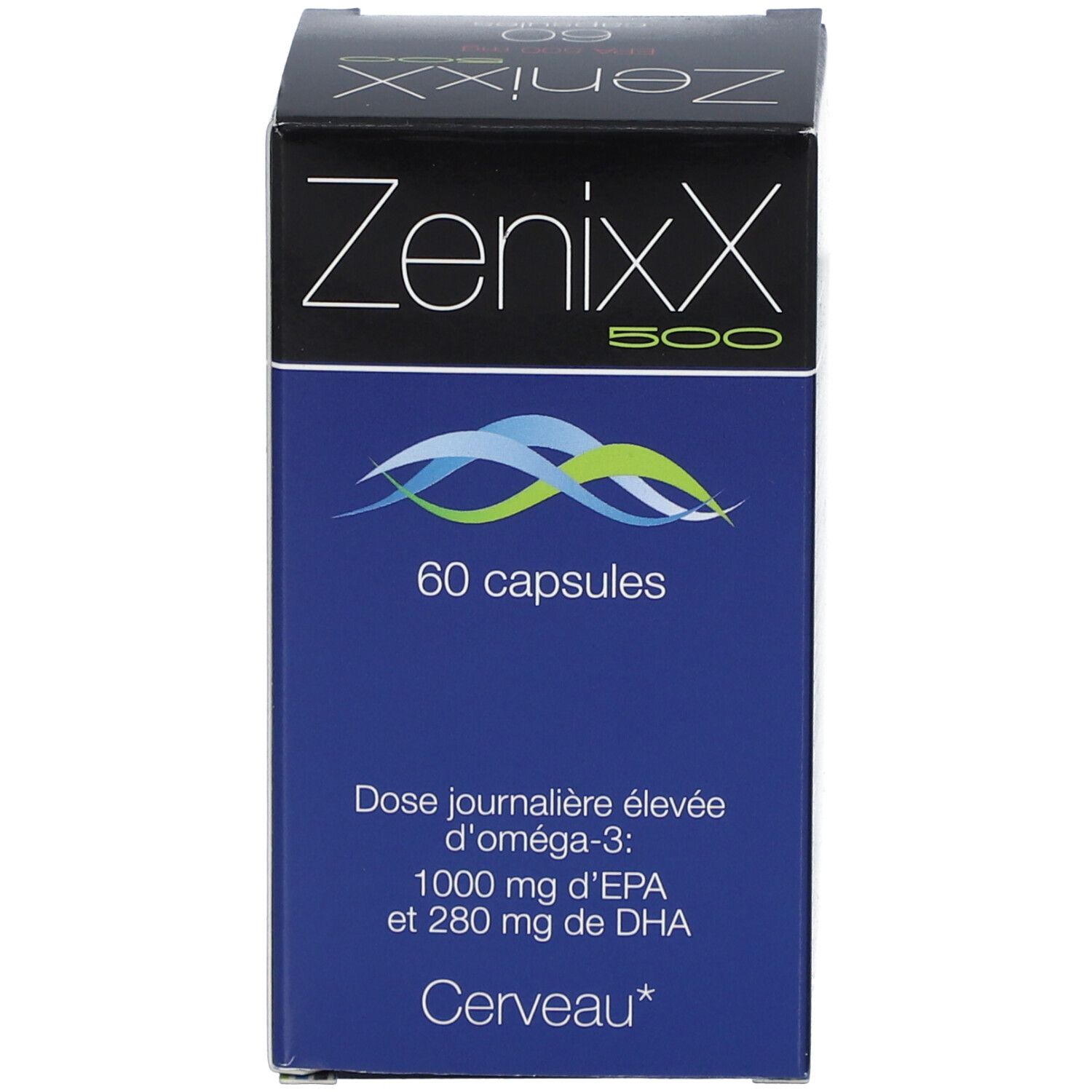 Boîte ZenixX 500. 60 capsules. Texte: Omega-3, EPA et DHA. Vagues bleues. Marque: Cerveau.