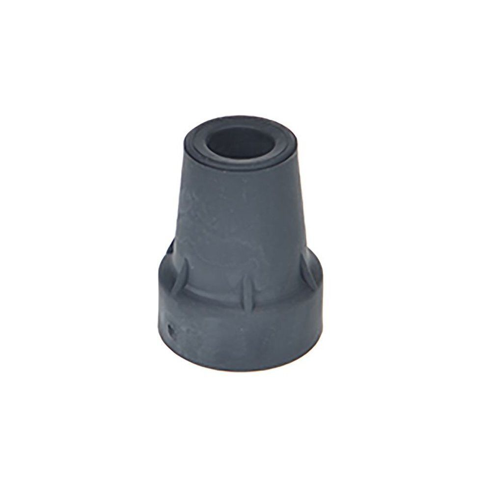 Embout de canne gris conique. Ouverture cylindrique en haut, base rainurée. Texture caoutchouteuse.