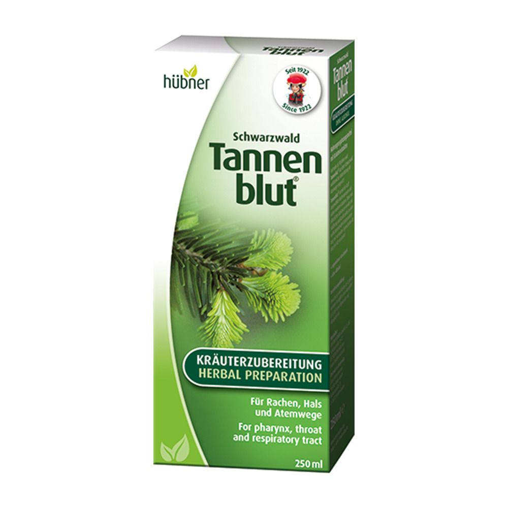 Boîte verte et blanche. Texte: Tannenblut, préparation à base de plantes. 250ml.