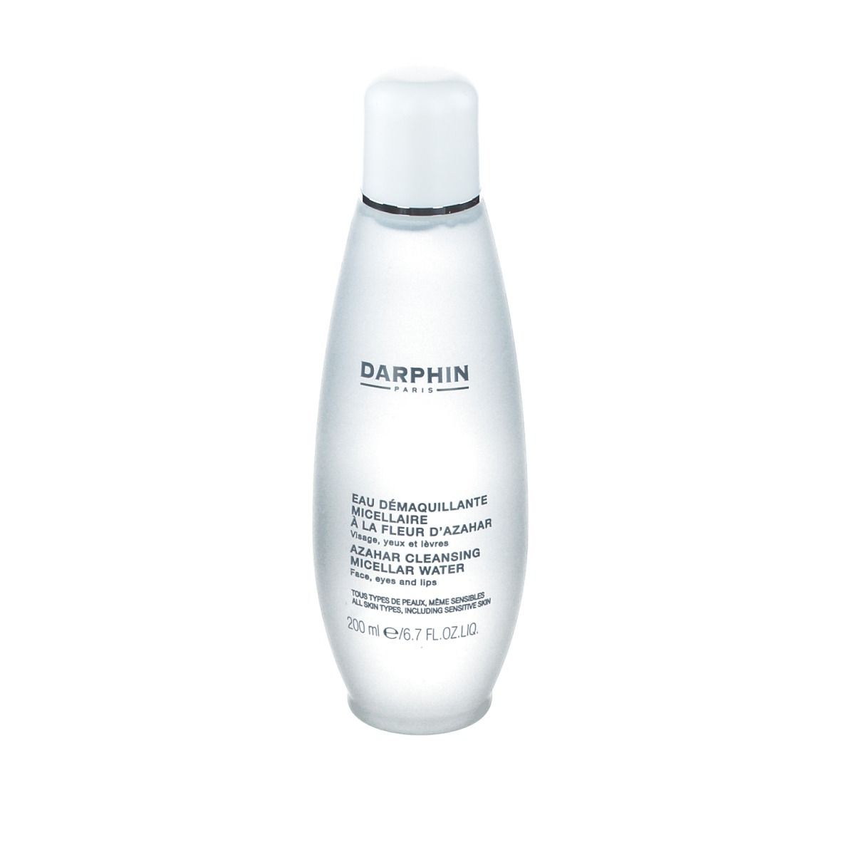 Flacon transparent avec bouchon blanc. Inscription DARPHIN PARIS et nom du produit. Pour les yeux et le visage.