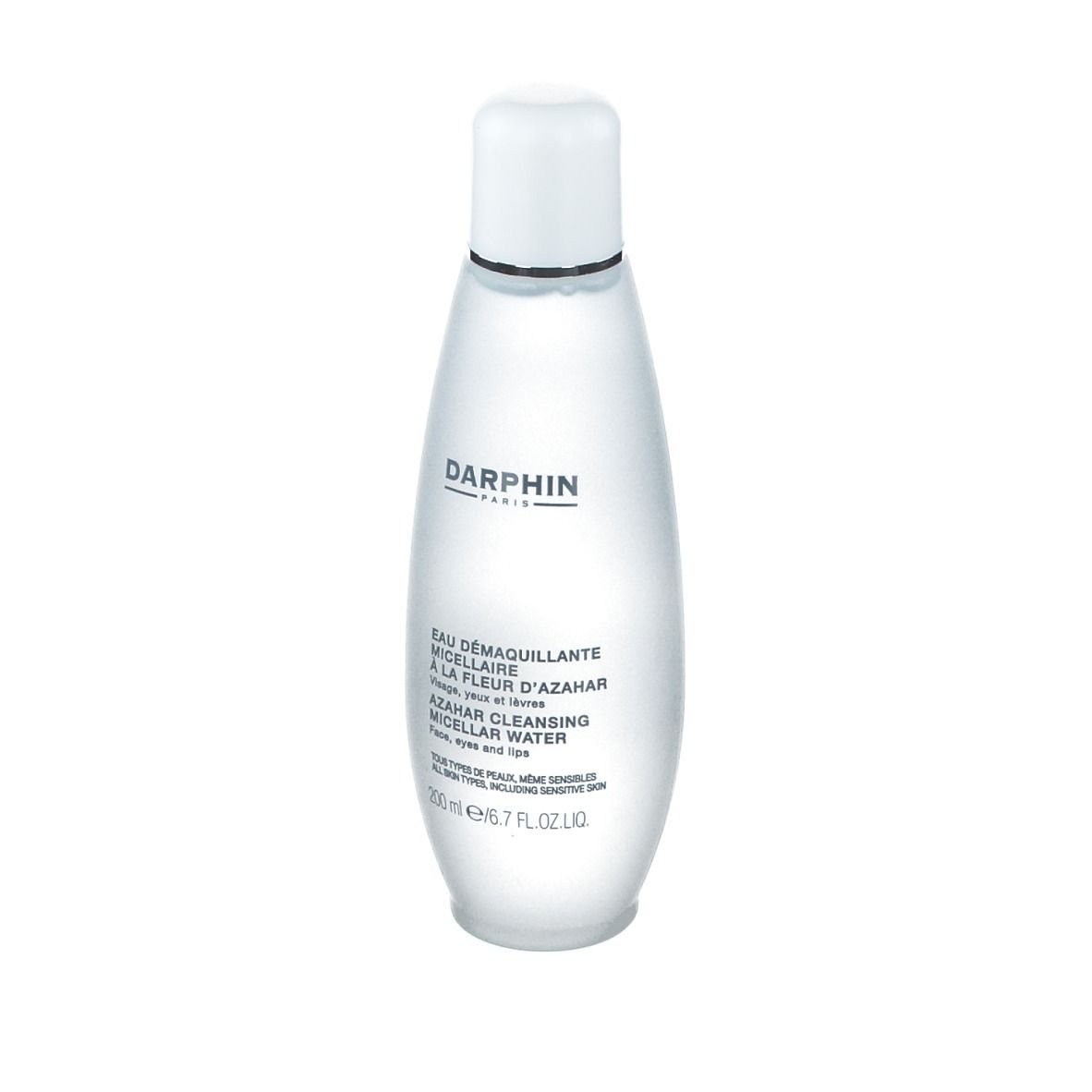 Flacon transparent avec bouchon blanc. Inscription DARPHIN PARIS et nom du produit. Pour les yeux et le visage.