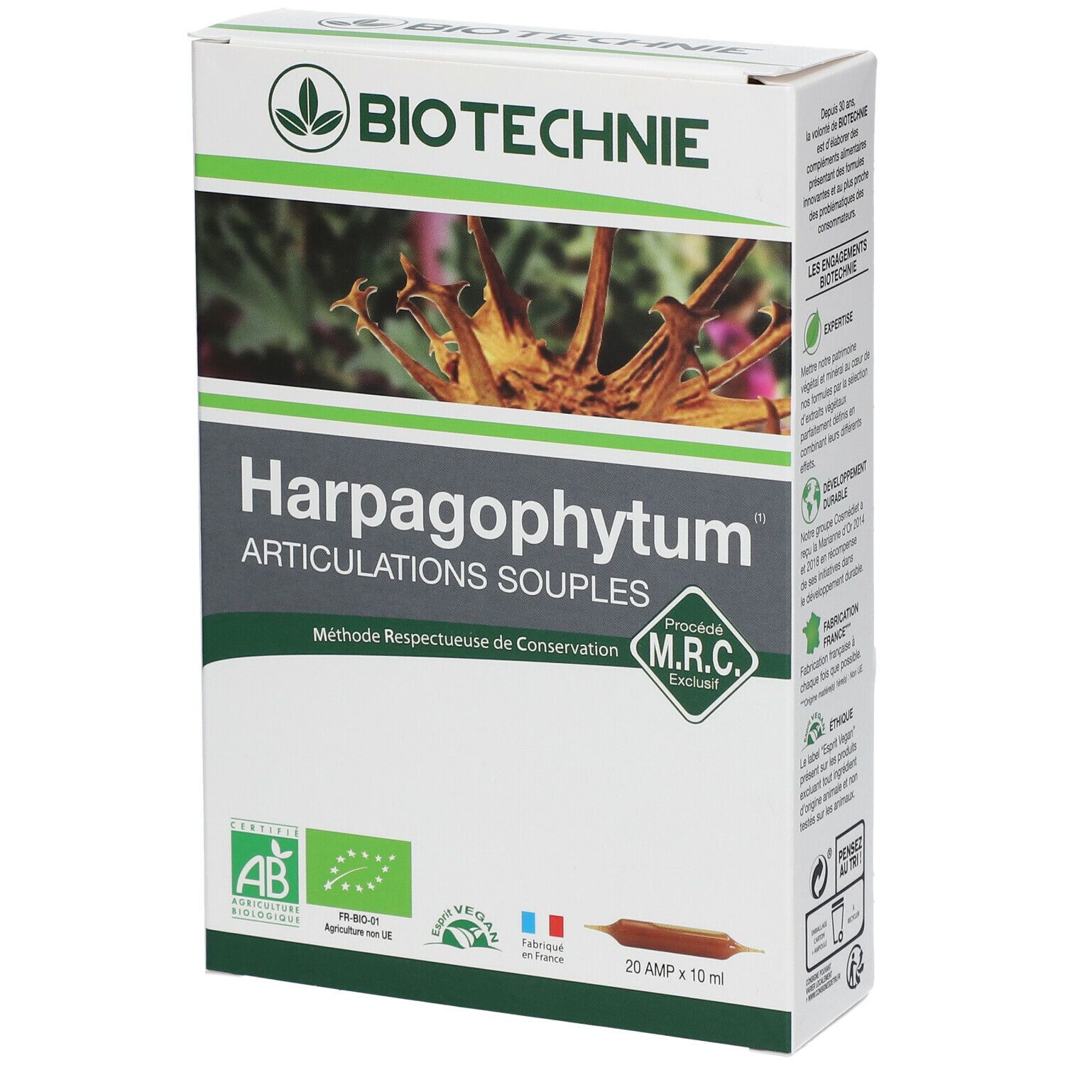 Boîte de Biotechnie Harpagophytum Bio. Inscription: Harpagophytum Articulations Souples. Avec label AB Bio.