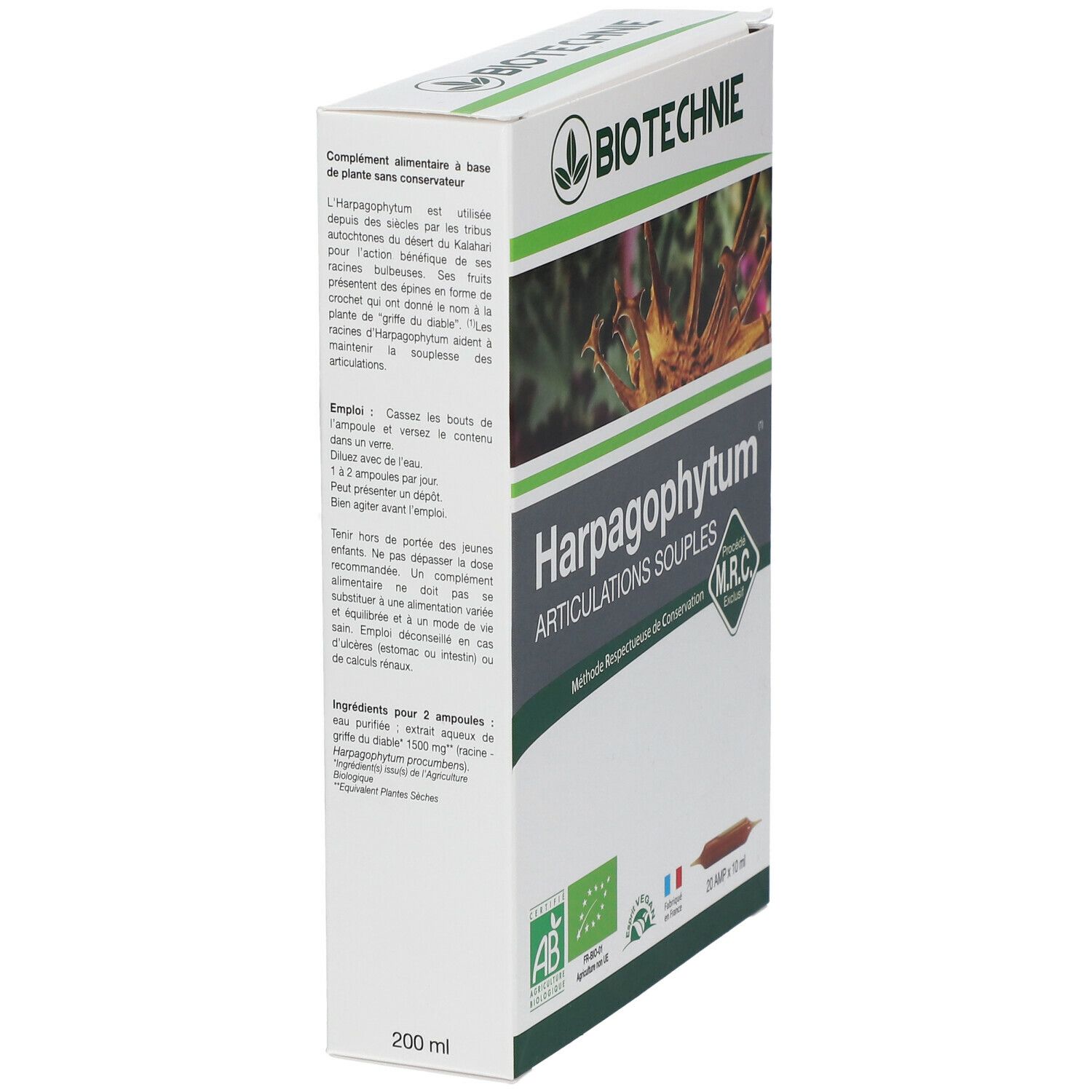 Vue latérale de la boîte Biotechnie Harpagophytum Bio. Texte: Harpagophytum Articulations Souples. Avec label AB Bio et Vegan.