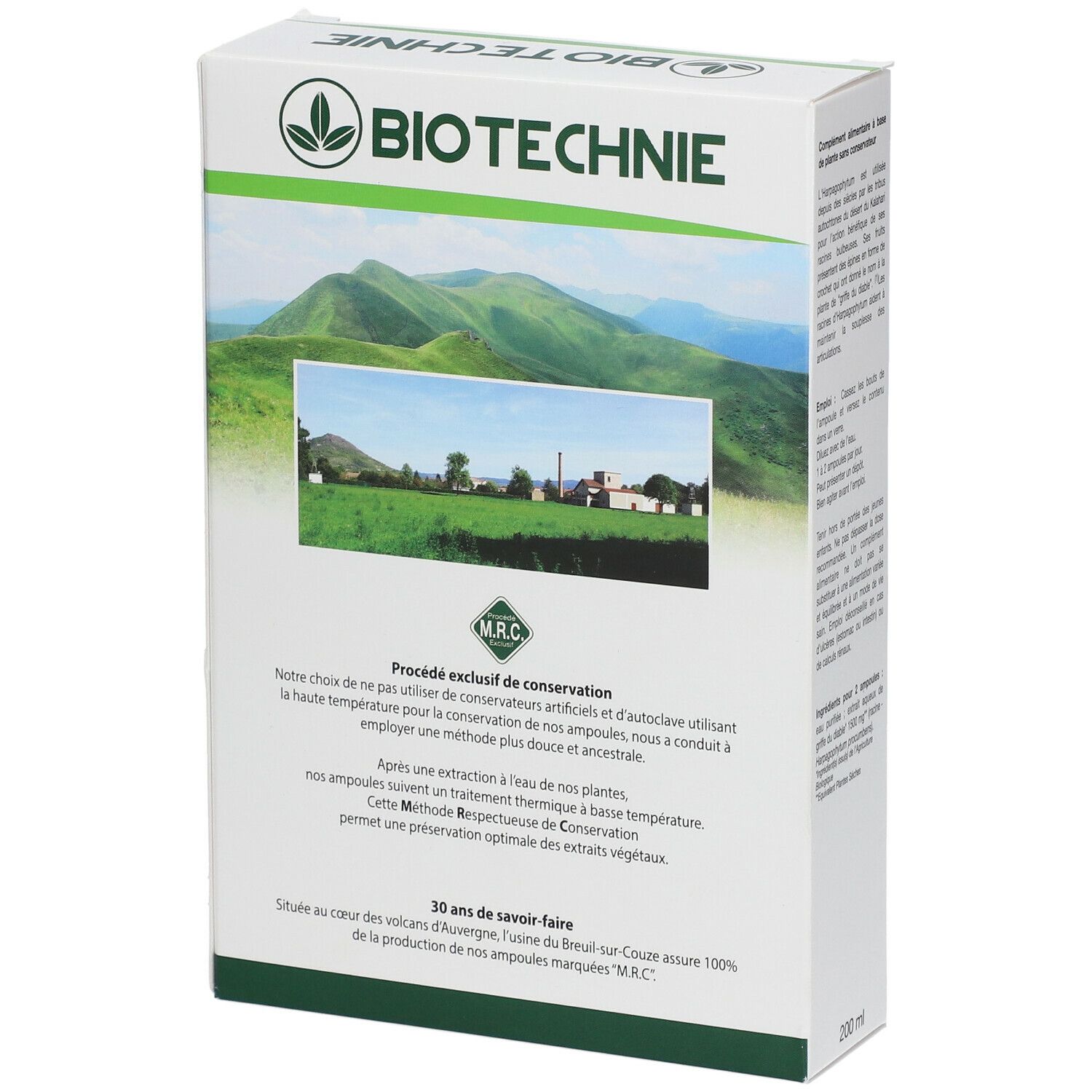 Dos de la boîte Biotechnie Harpagophytum Bio. Texte: Méthode Respectueuse de Conservation. Avec image de paysage.
