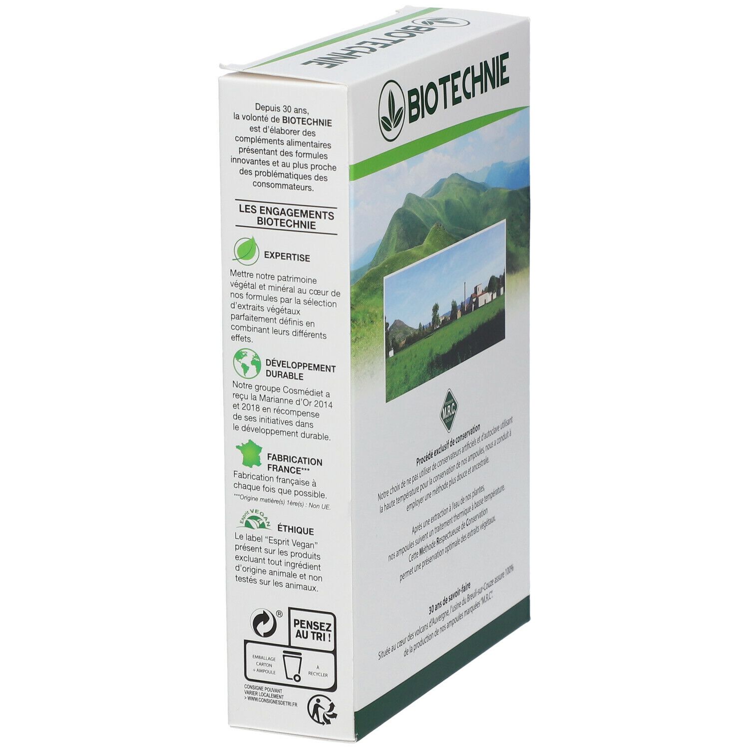 Vue latérale de la boîte Biotechnie Harpagophytum Bio. Texte: Biotechnie. Avec image de paysage et symbole de recyclage.
