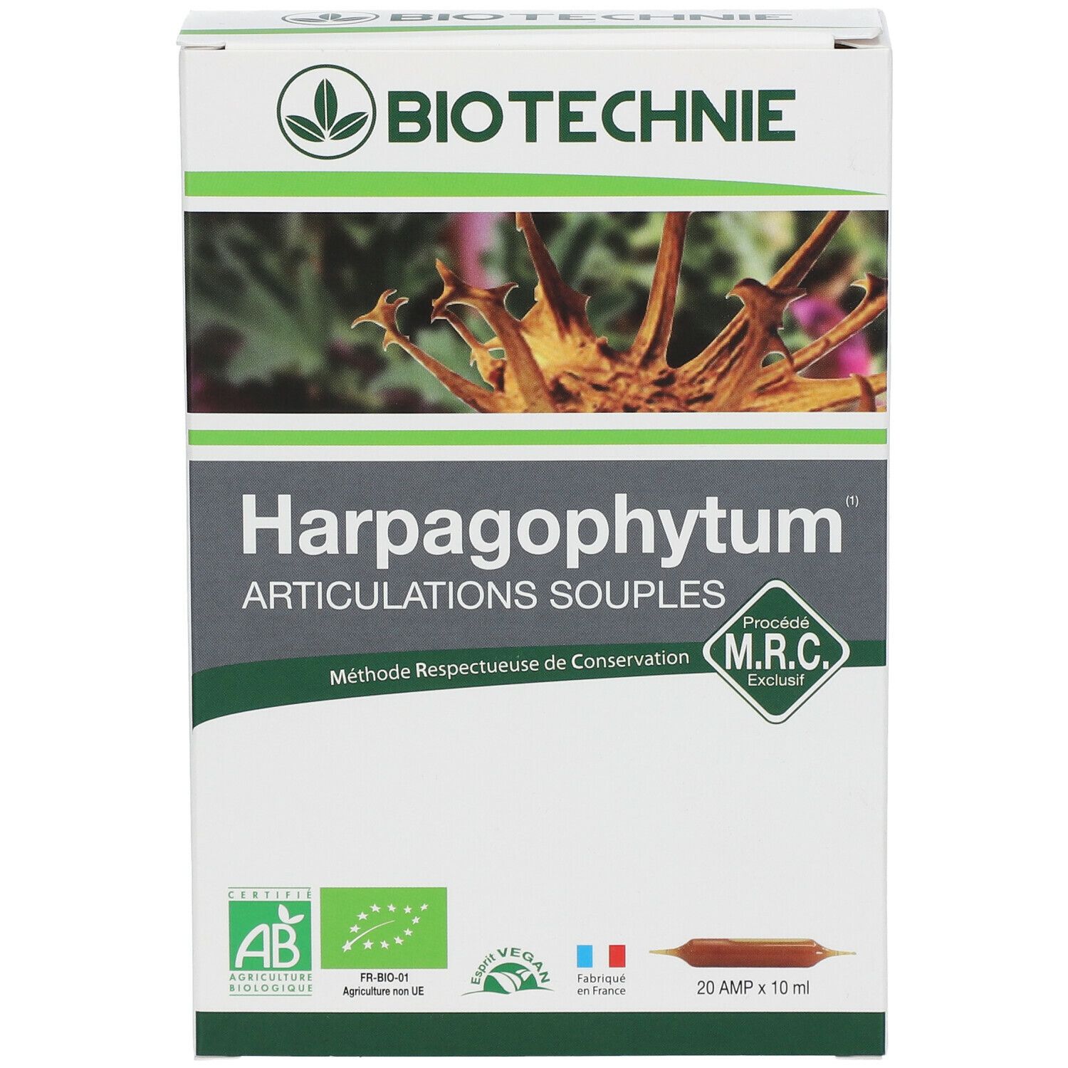 Vue de face de la boîte Biotechnie Harpagophytum Bio. Inscription: Harpagophytum Articulations Souples. Avec label AB Bio.