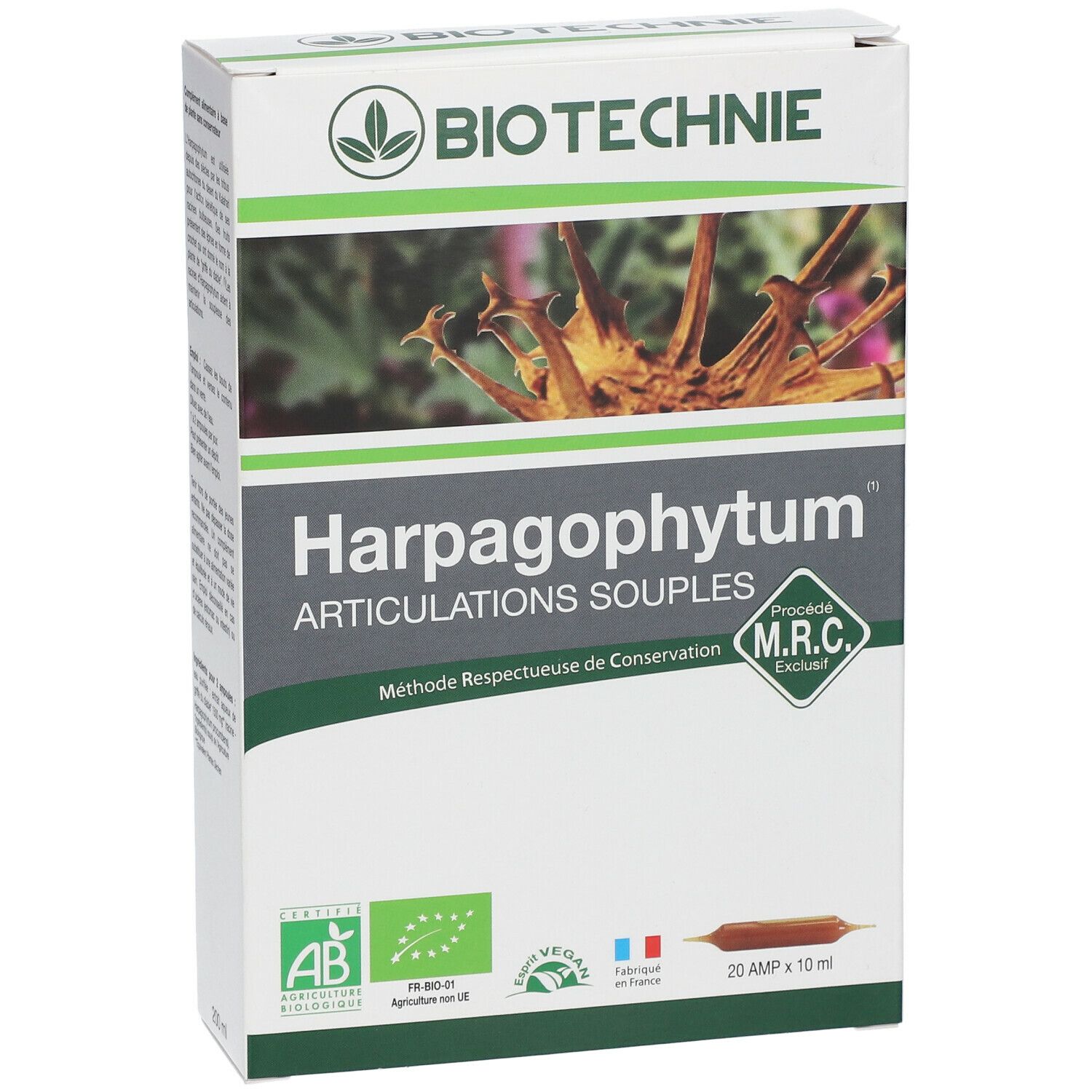 Vue en biais de la boîte Biotechnie Harpagophytum Bio. Inscription: Harpagophytum Articulations Souples. Avec label AB Bio.