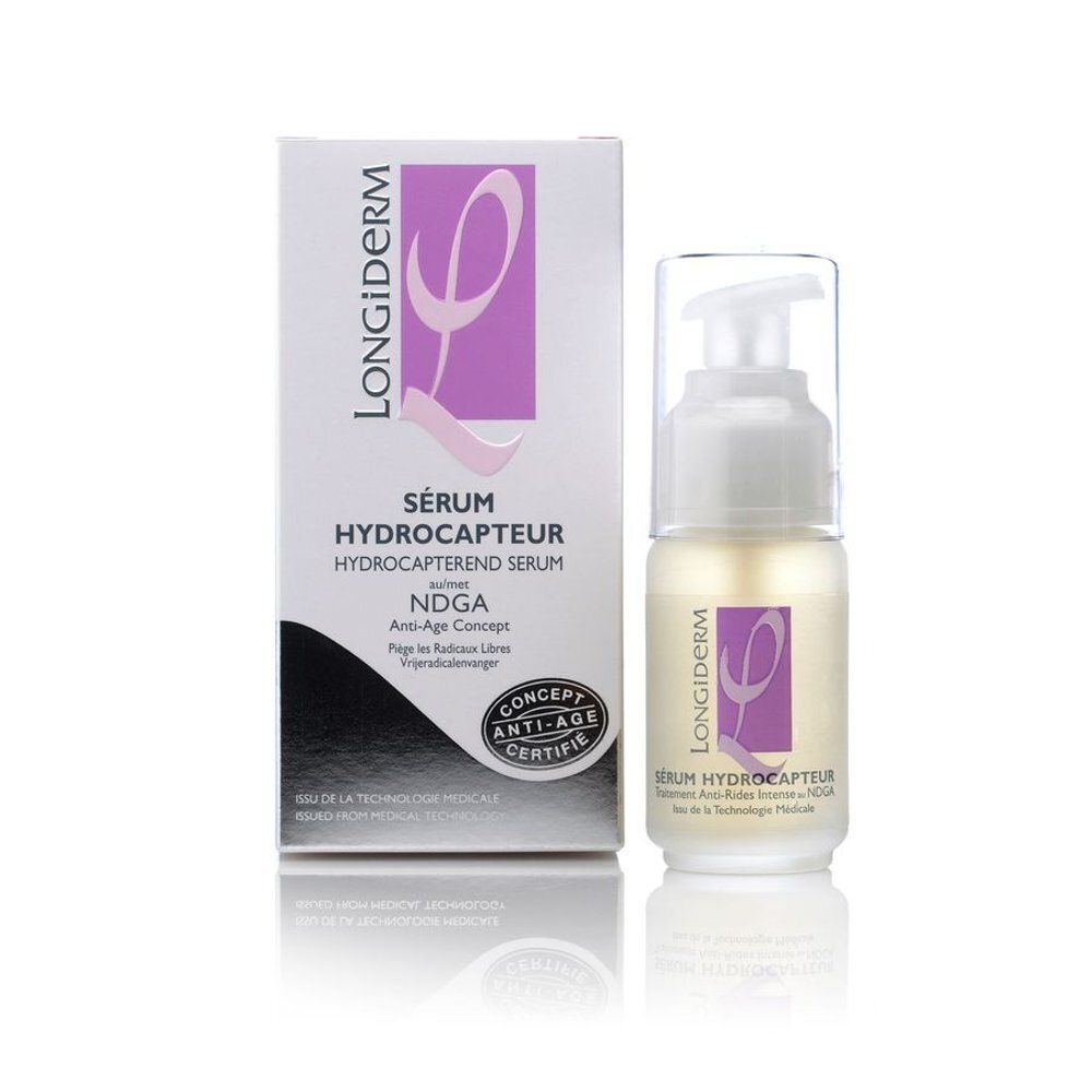 Emballage et flacon de sérum. Inscription: LONGIDERM, Sérum Hydrocapteur. Avec certification anti-âge.