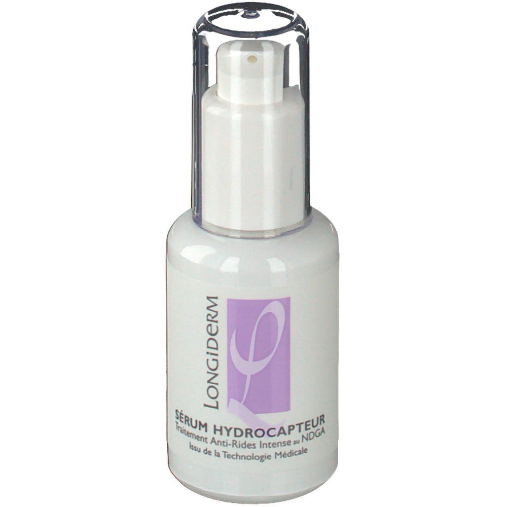 Sérum blanc avec pompe et bouchon transparent. Inscription: LONGIDERM, Sérum Hydrocapteur.