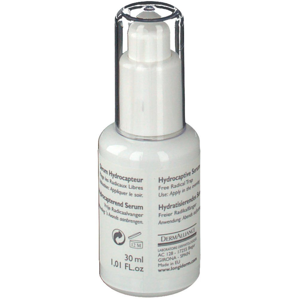 Dos d'un flacon de sérum blanc. Texte multilingue. Inscription: 30 ml, 1,01 fl.oz.