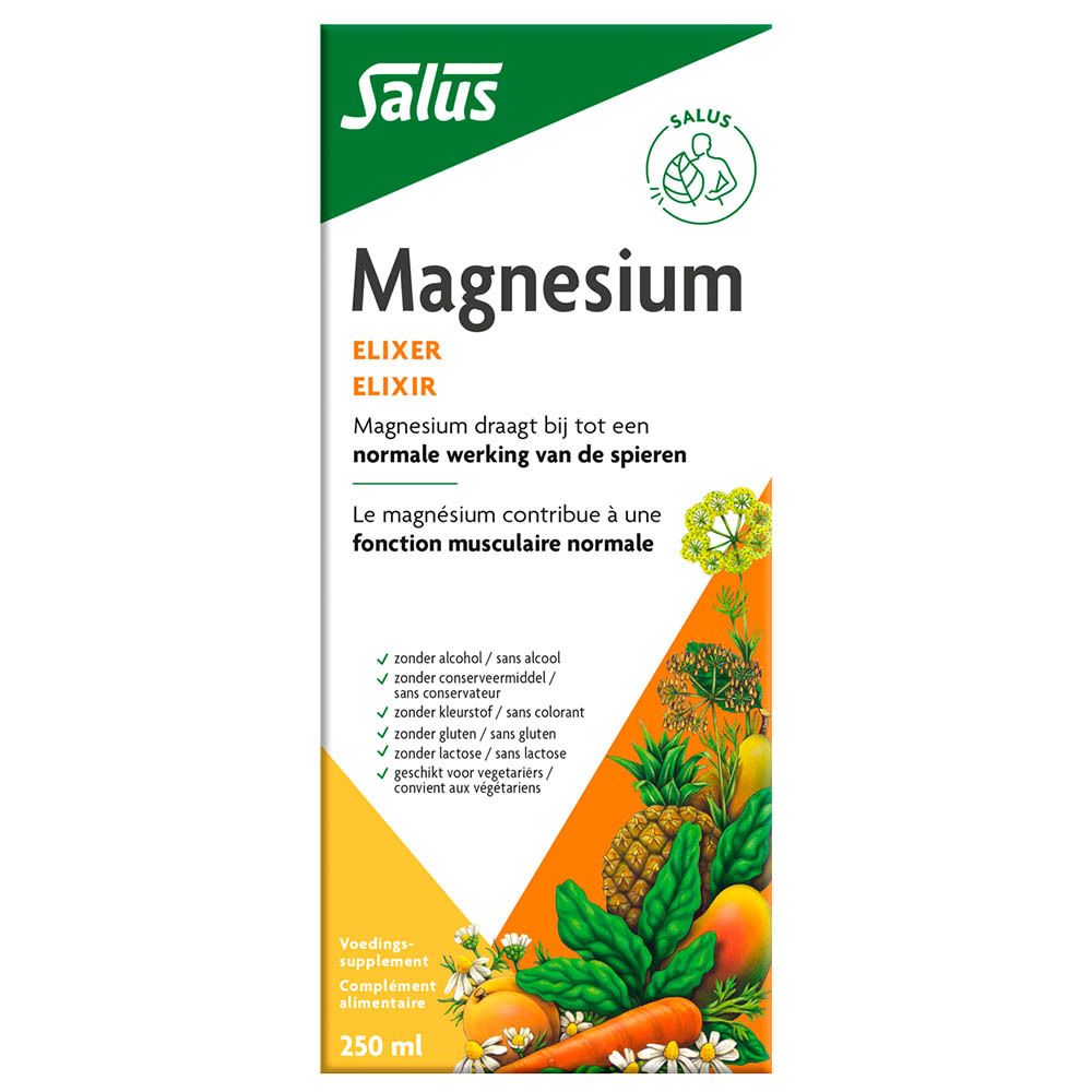 Emballage. Salus Magnésium Elixir. Texte et illustrations de fruits et légumes.