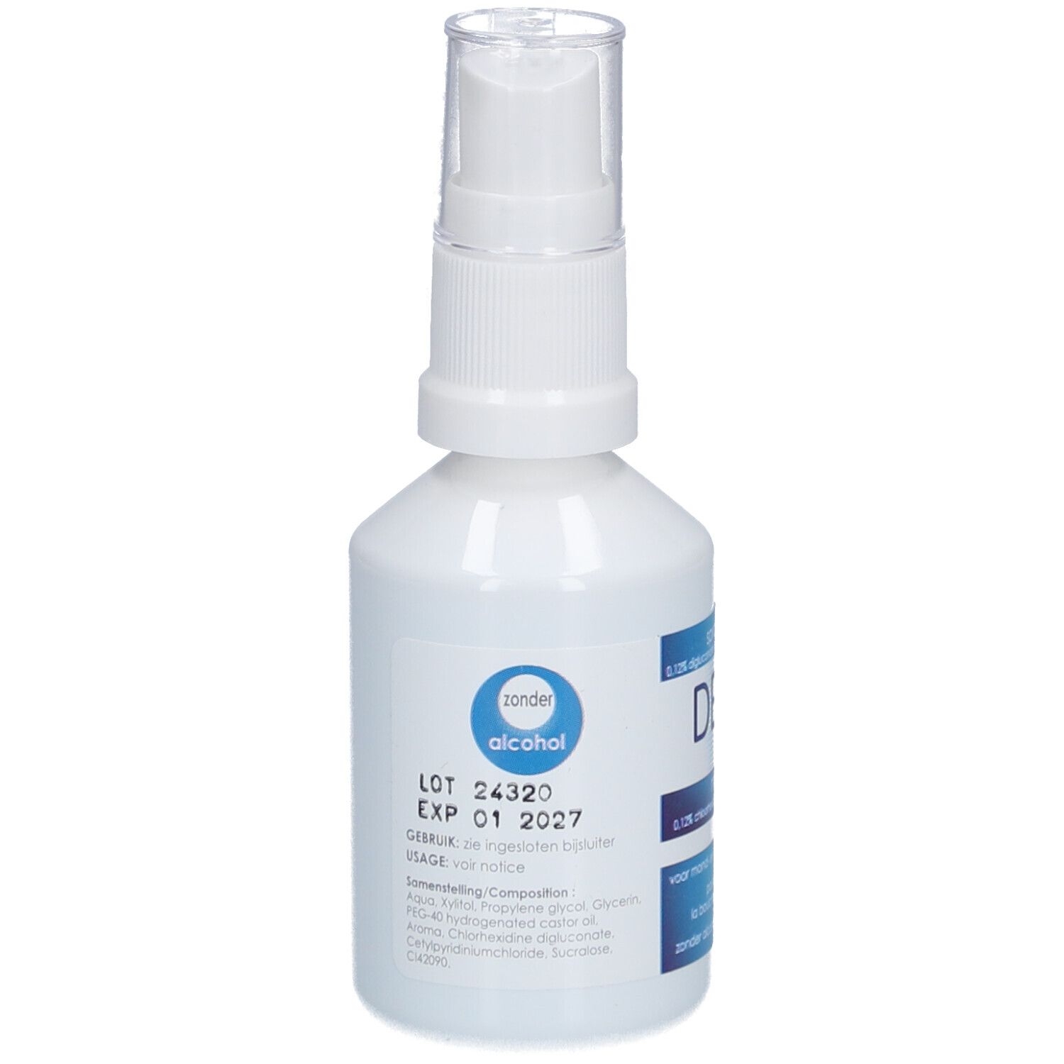 Flacon blanc avec pulvérisateur. Inscription: zonder alcohol. Numéro de lot et date d'expiration.
