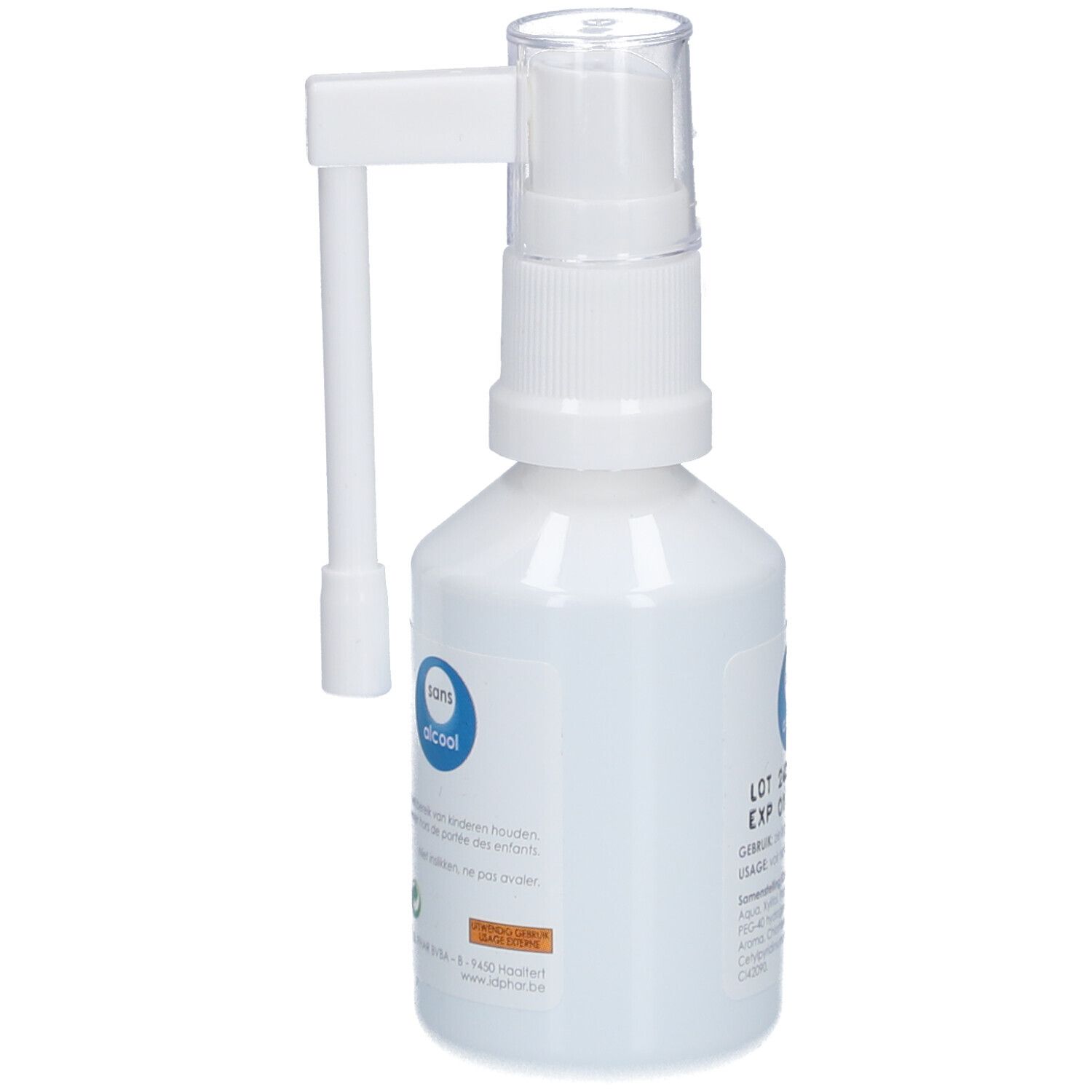 Flacon blanc avec pulvérisateur et applicateur. Inscription: zonder alcohol. Numéro de lot et date d'expiration.