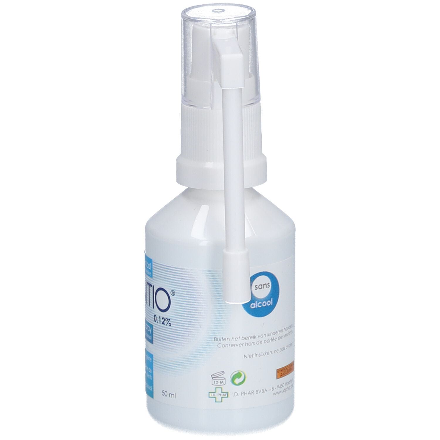 Flacon blanc avec pulvérisateur et applicateur. Inscription: Dentio 0,12%, sans alcool.