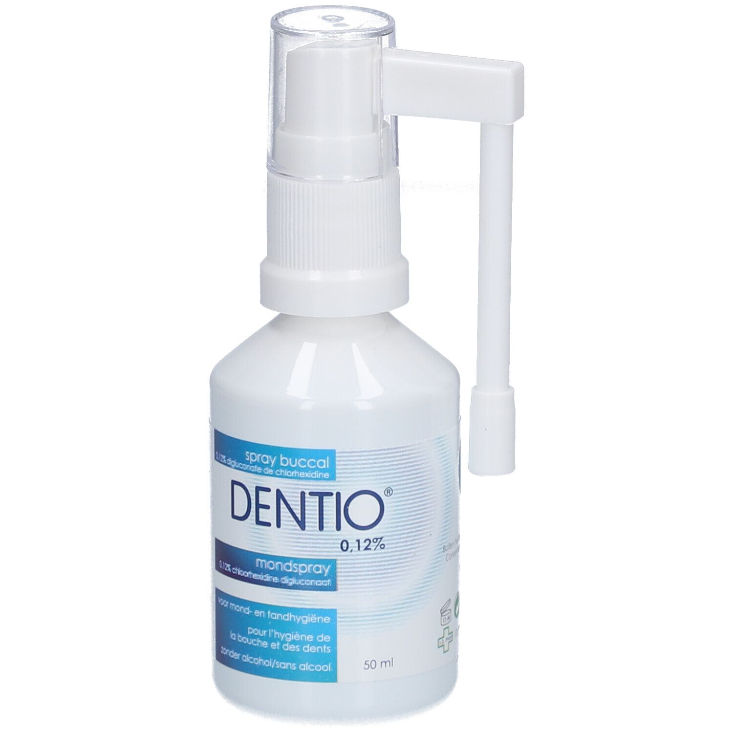 Flacon blanc avec pulvérisateur et applicateur. Inscription: Dentio 0,12%.