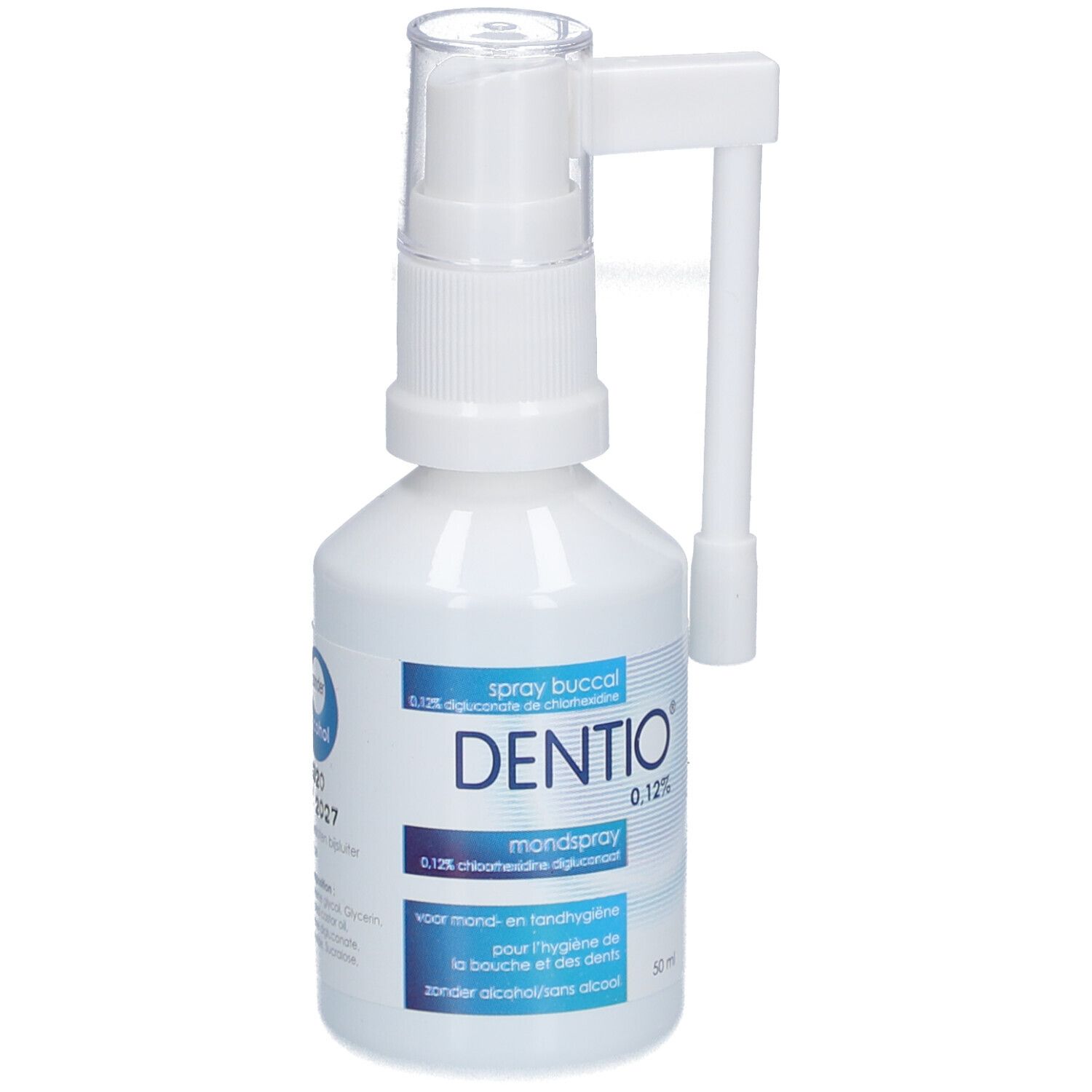 Flacon blanc avec pulvérisateur et applicateur. Inscription: Dentio 0,12%.