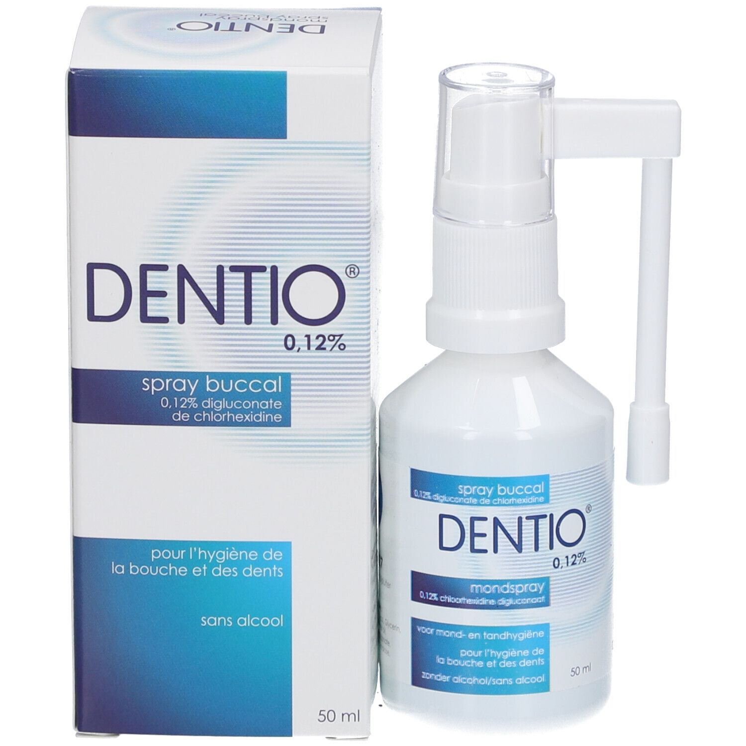 Flacon blanc et boîte. Inscription: Dentio 0,12%.
