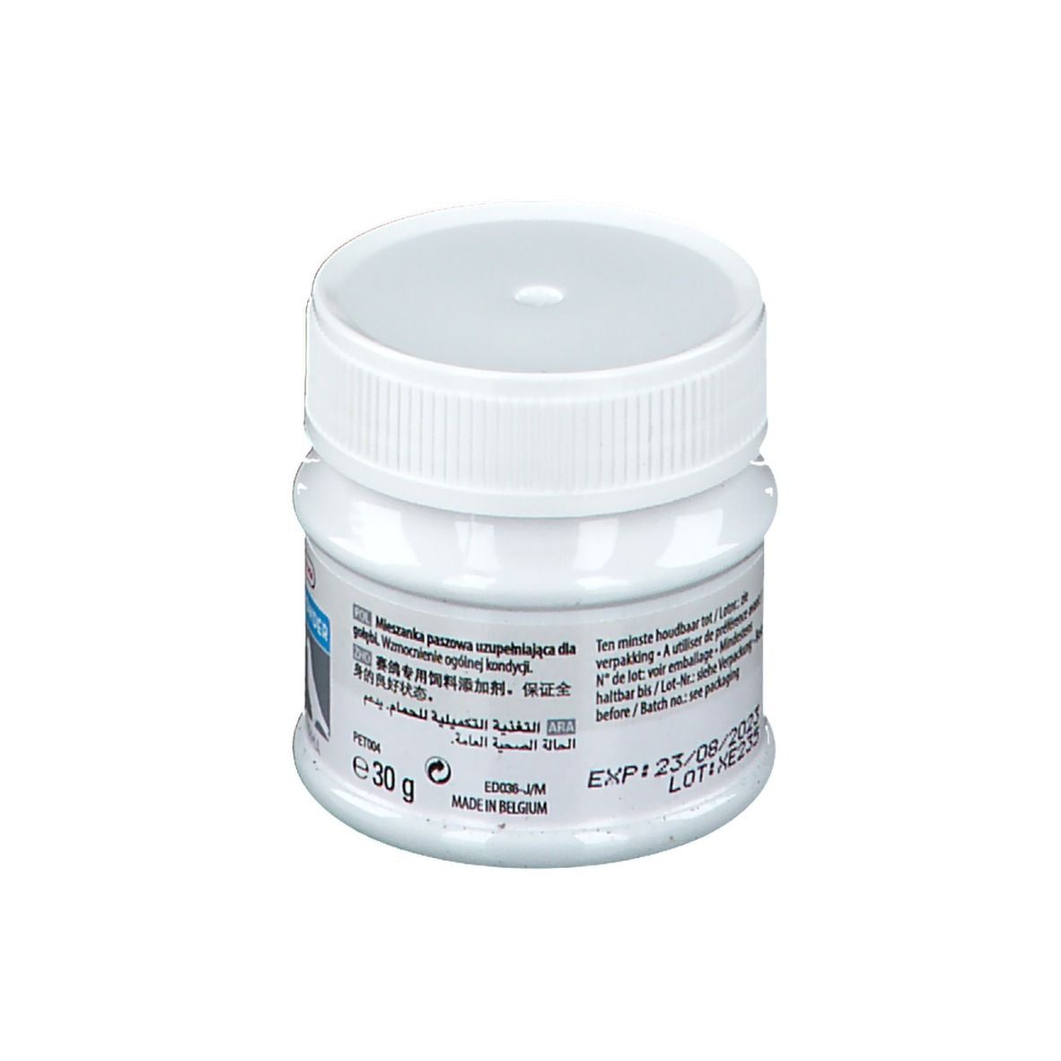 Pot blanc avec couvercle. Inscription: MUCUS POWDER, 30 g. Informations fabricant. Date d'expiration: 23/08/2023.