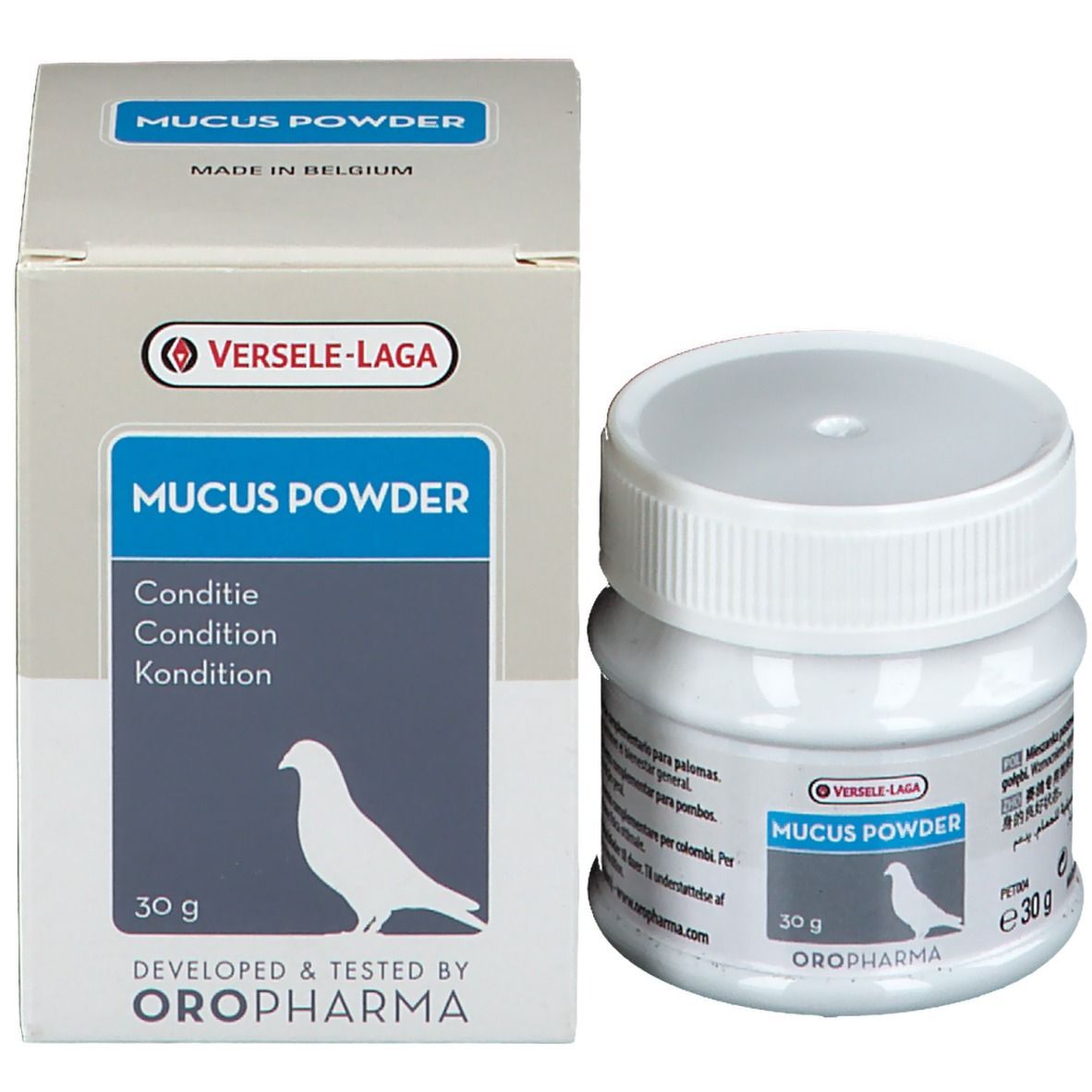 Emballage du produit avec pot et boîte. Inscription: MUCUS POWDER, 30 g. Logo: pigeon. Fabricant: VERSELE-LAGA.